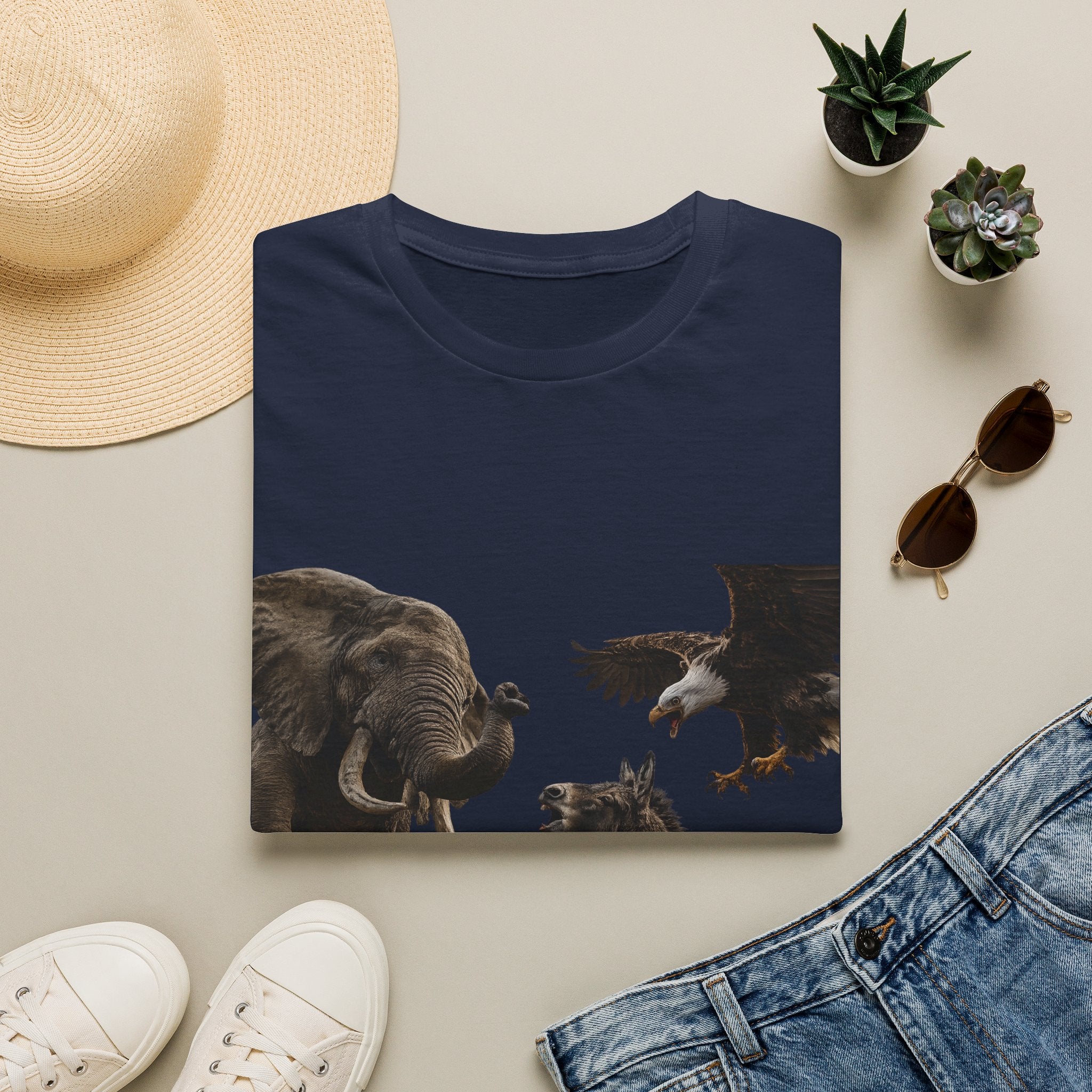 Wildlife Face-Off T-Shirt — Elephant, Eagle & Donkey Nature Scene