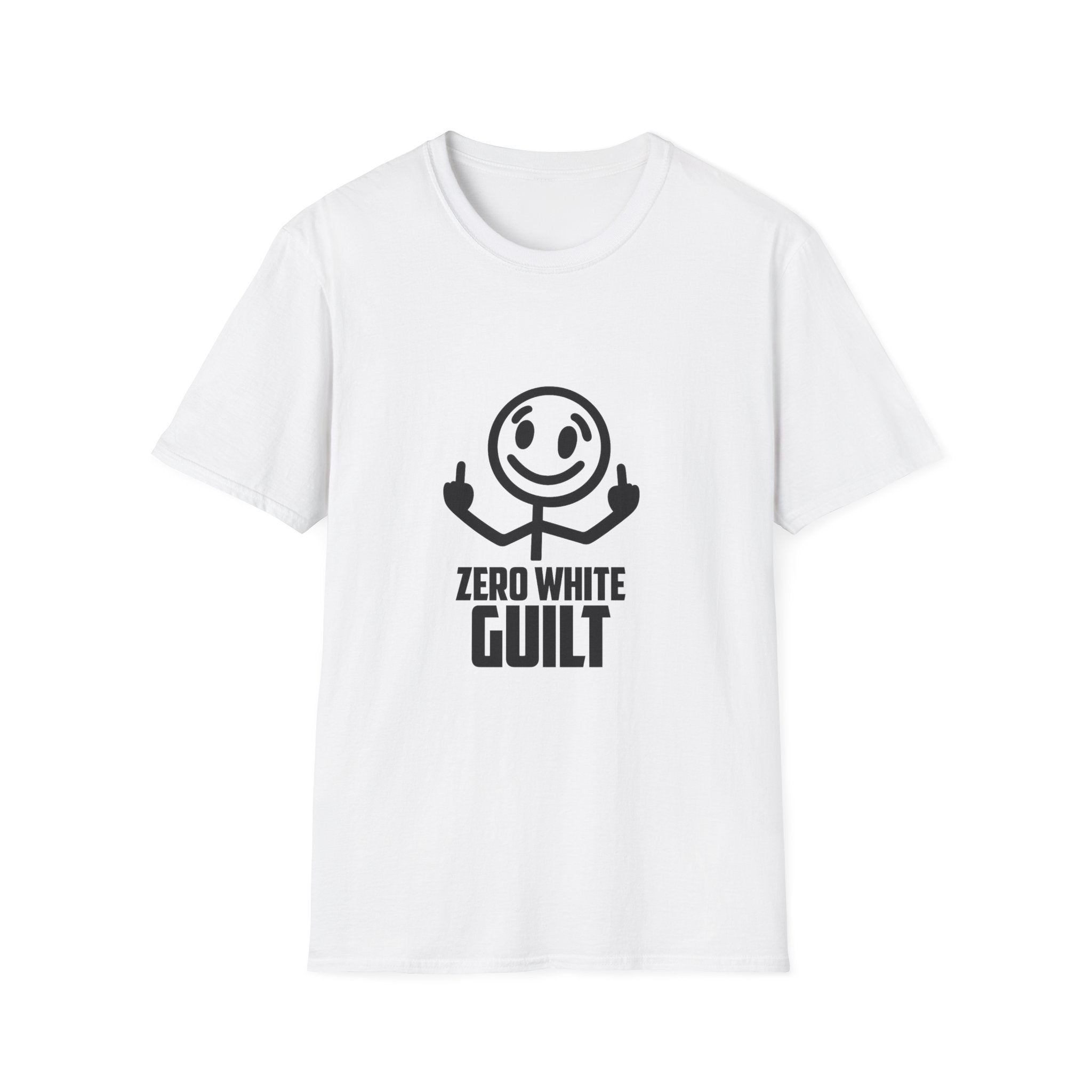 Graphic T-Shirt — 'Zero White Guilt' Smiley Stick Figure Middle Finger