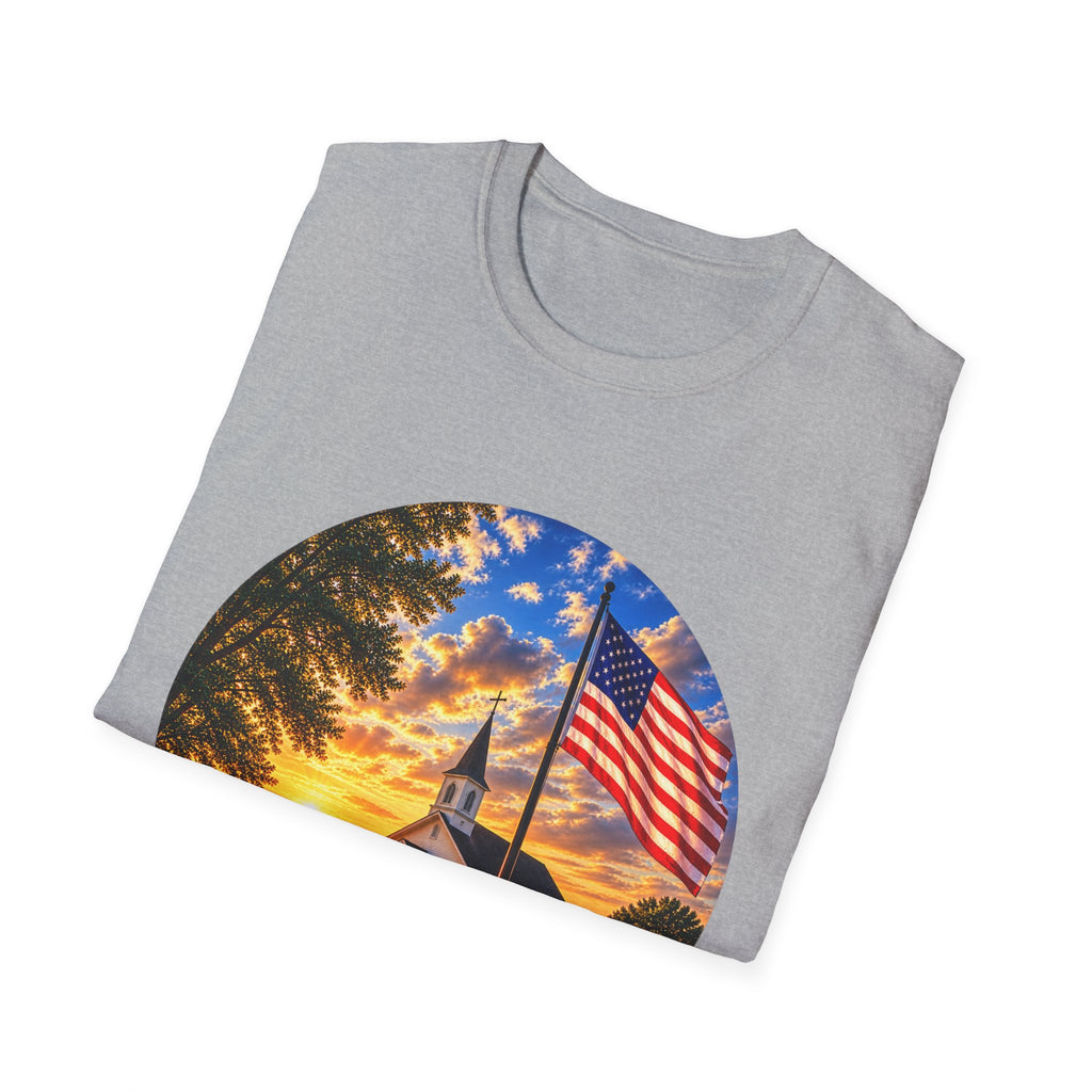 Patriotic Church Sunset T-Shirt — American Flag Chapel Scene