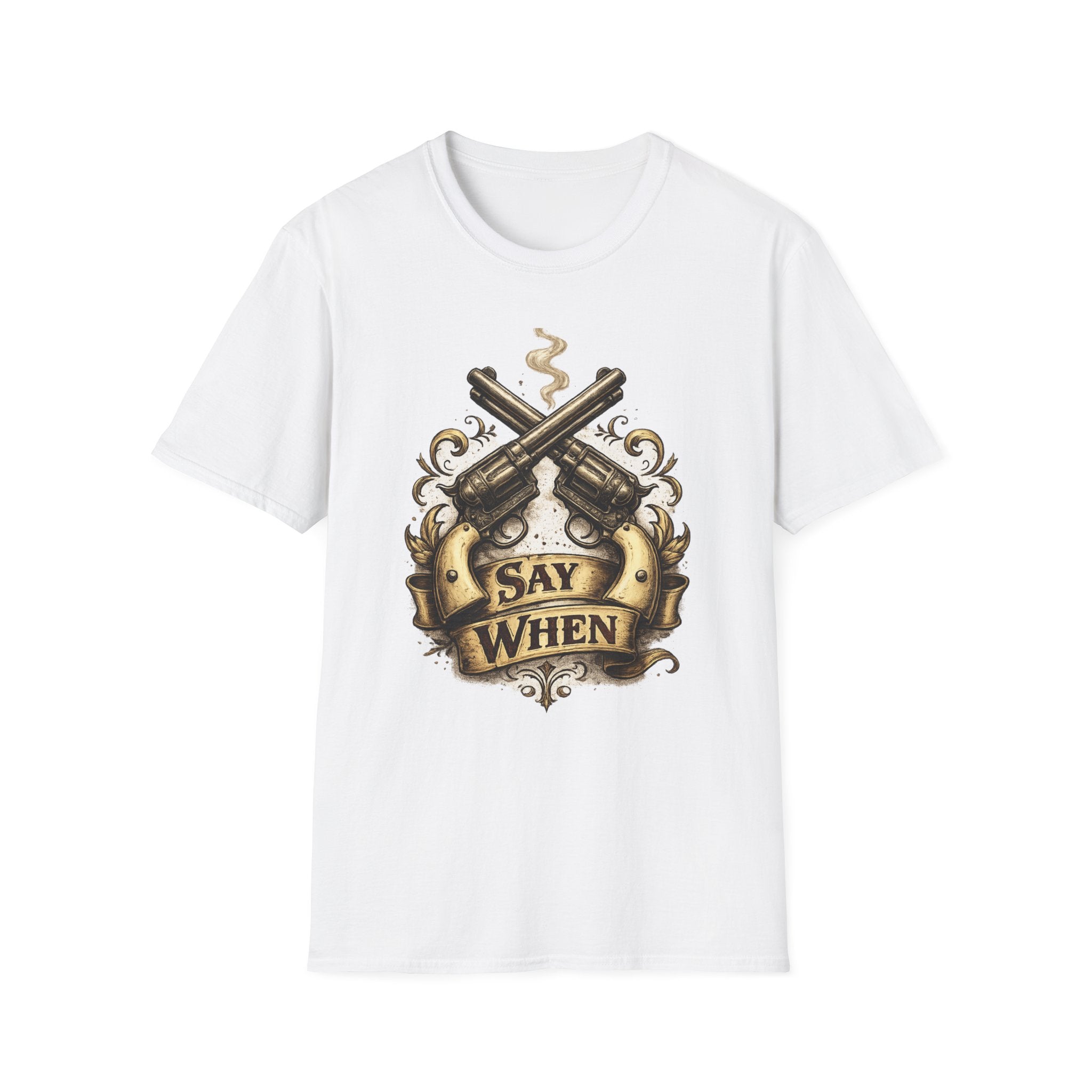 Western Revolver T‑Shirt — "Say When" Vintage Gun Graphic
