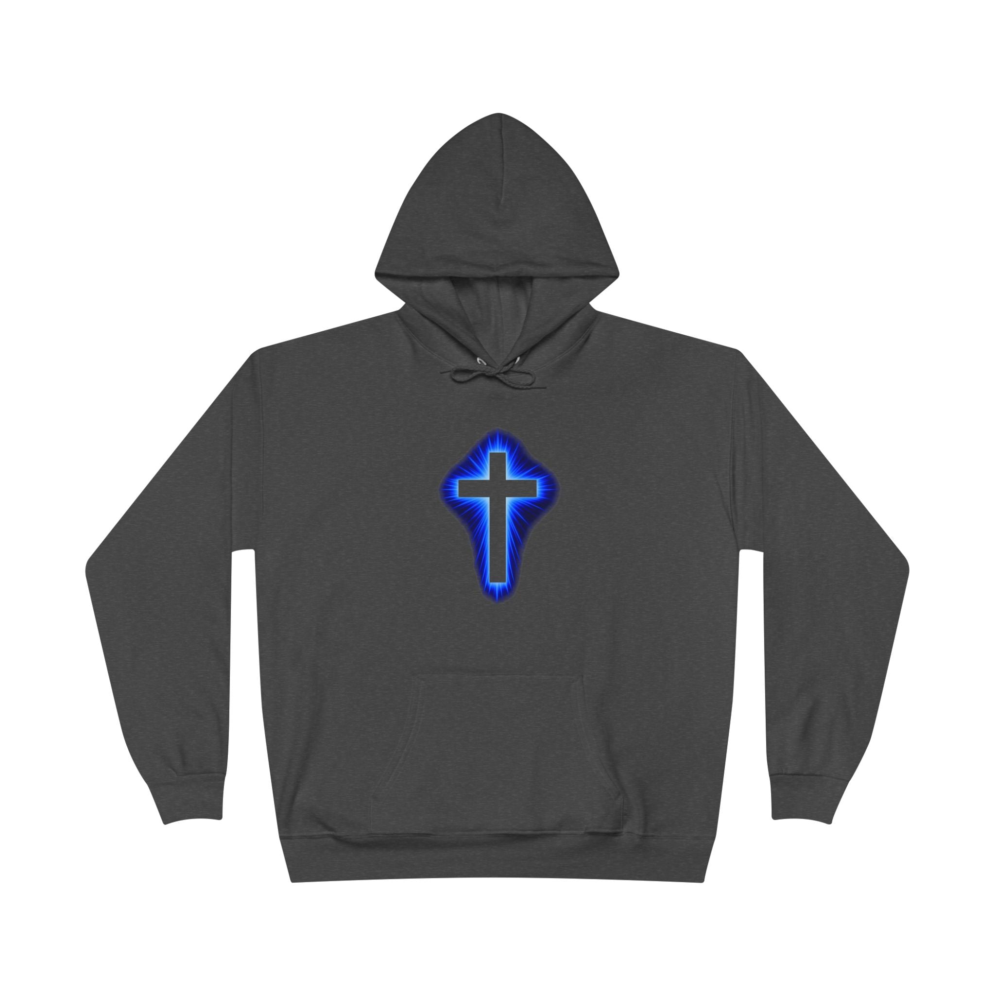 Christian Cross Hoodie — Blue Glow Front & Rustic Back Pullover