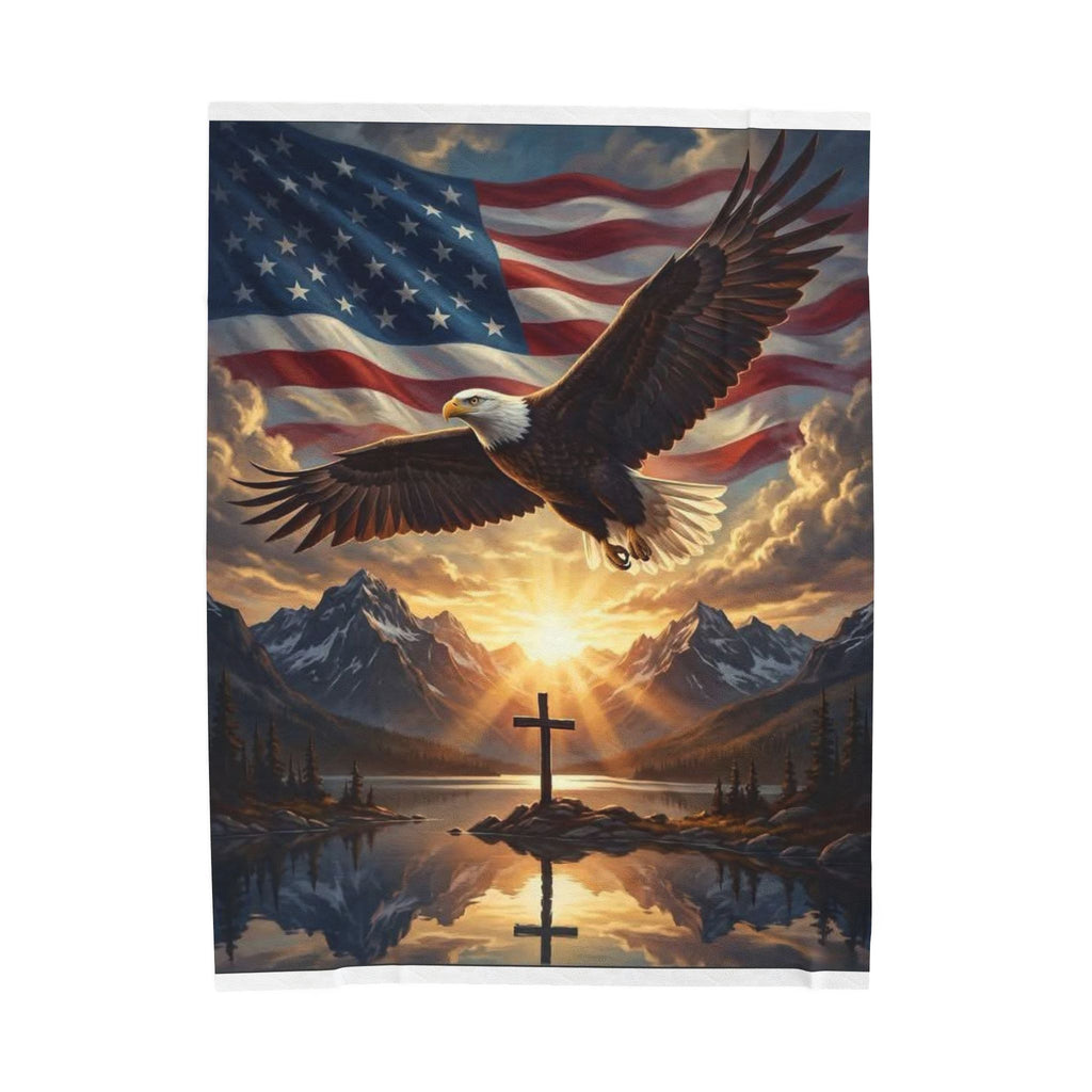 Patriotic Eagle & Cross Velveteen Plush Blanket – American Flag Sunset Throw for Faithful Comfort, Memorial Day Gift