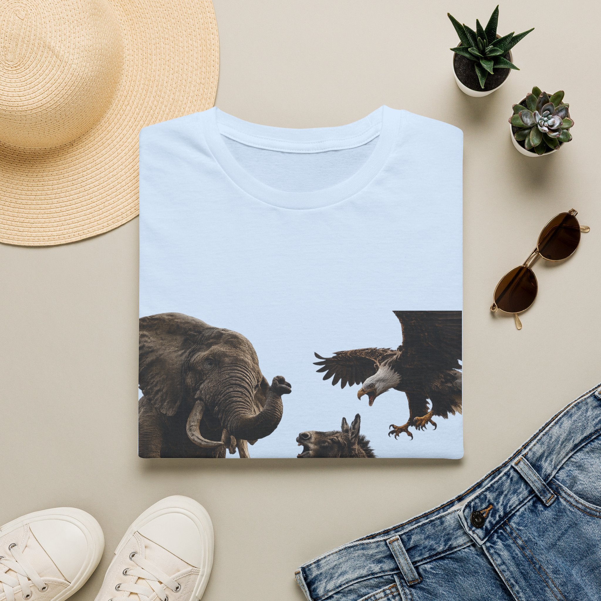 Wildlife Face-Off T-Shirt — Elephant, Eagle & Donkey Nature Scene