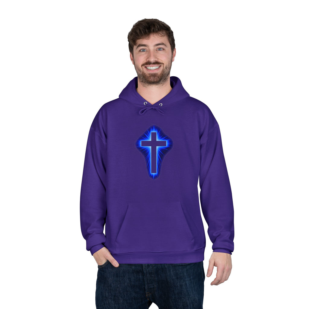 Christian Cross Hoodie — Blue Glow Front & Rustic Back Pullover