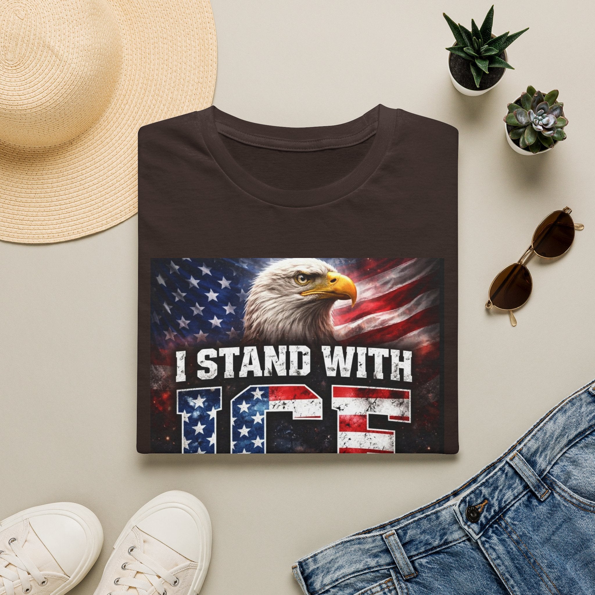 I Stand With ICE American Flag Eagle T-Shirt — Pro-ICE Patriotic Tee