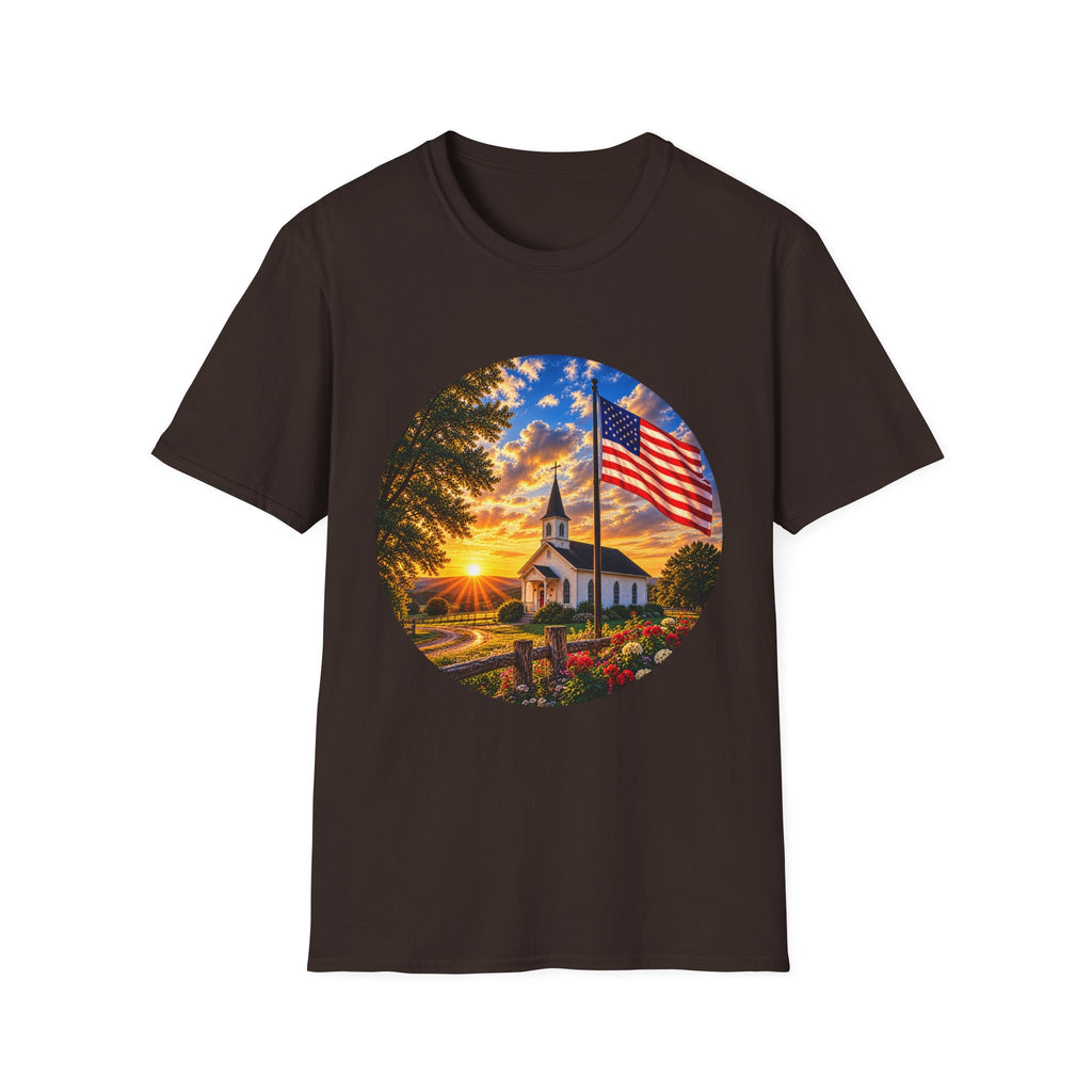 Patriotic Church Sunset T-Shirt — American Flag Chapel Scene