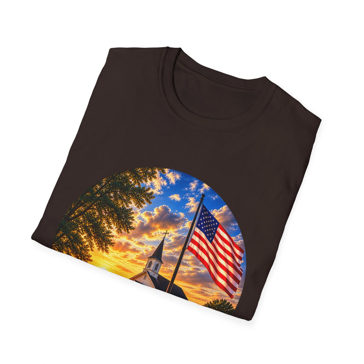 Patriotic Church Sunset T-Shirt — American Flag Chapel Scene