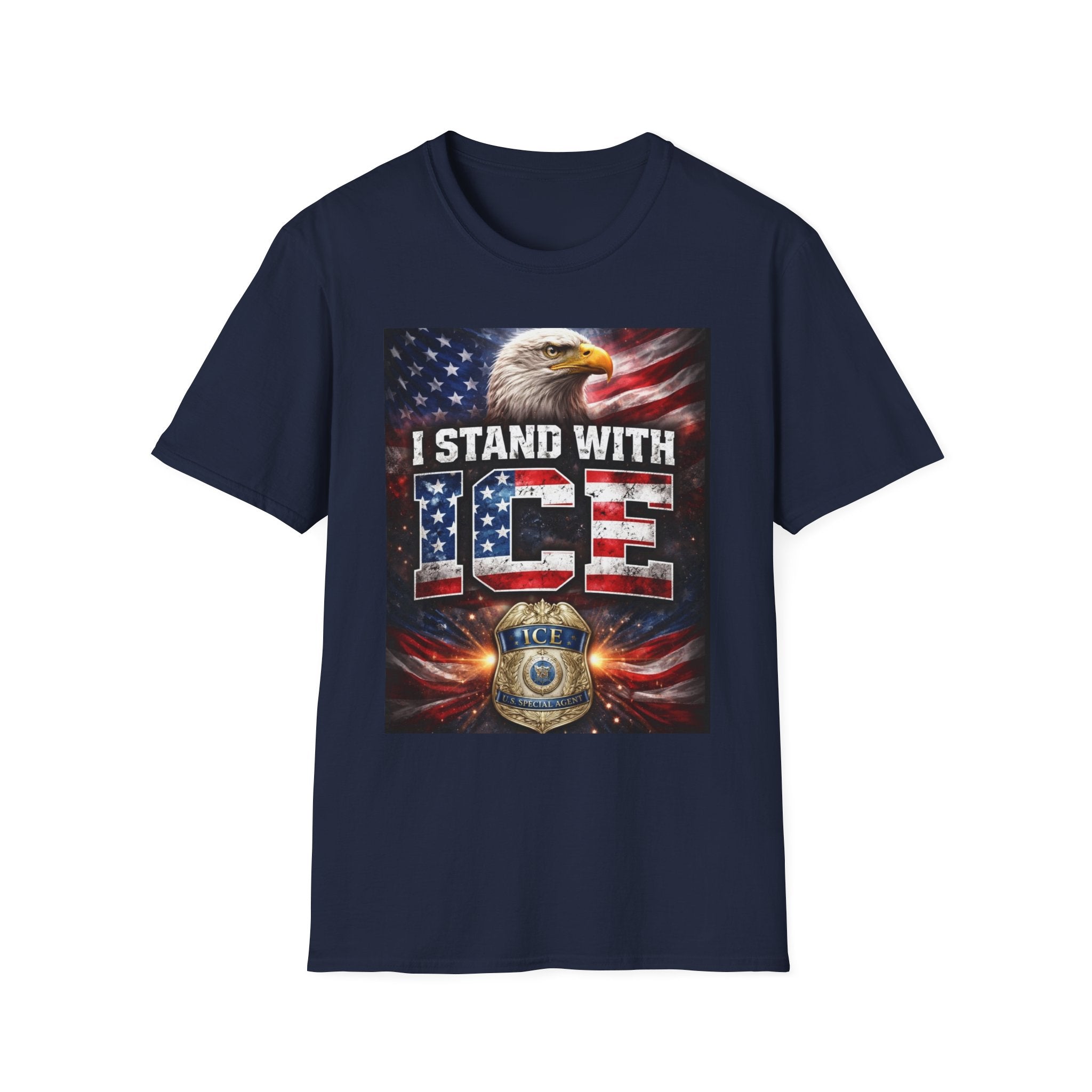 I Stand With ICE American Flag Eagle T-Shirt — Pro-ICE Patriotic Tee