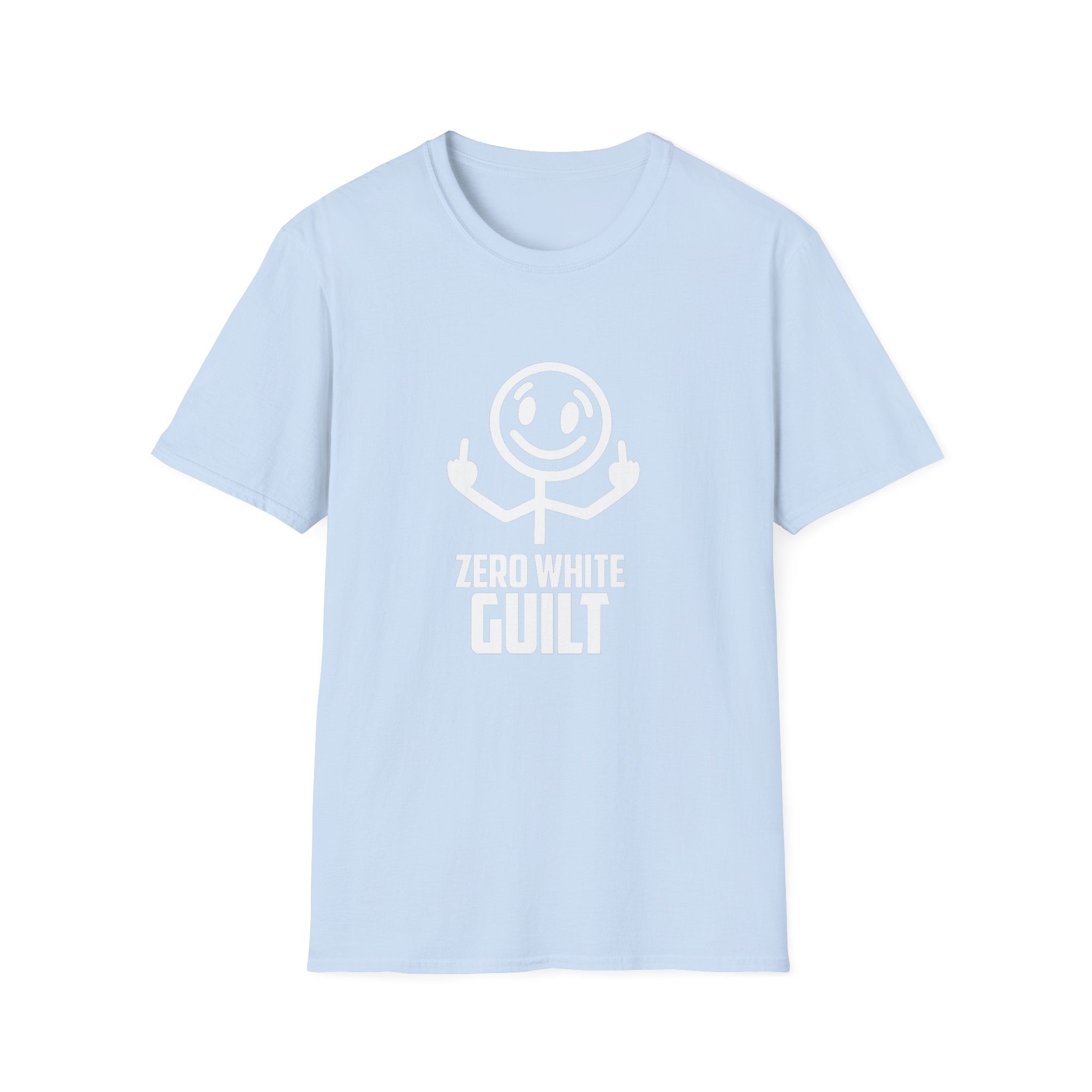 Zero White Guilt T-Shirt — Smiley Stick Figure Flipping Off Graphic Tee