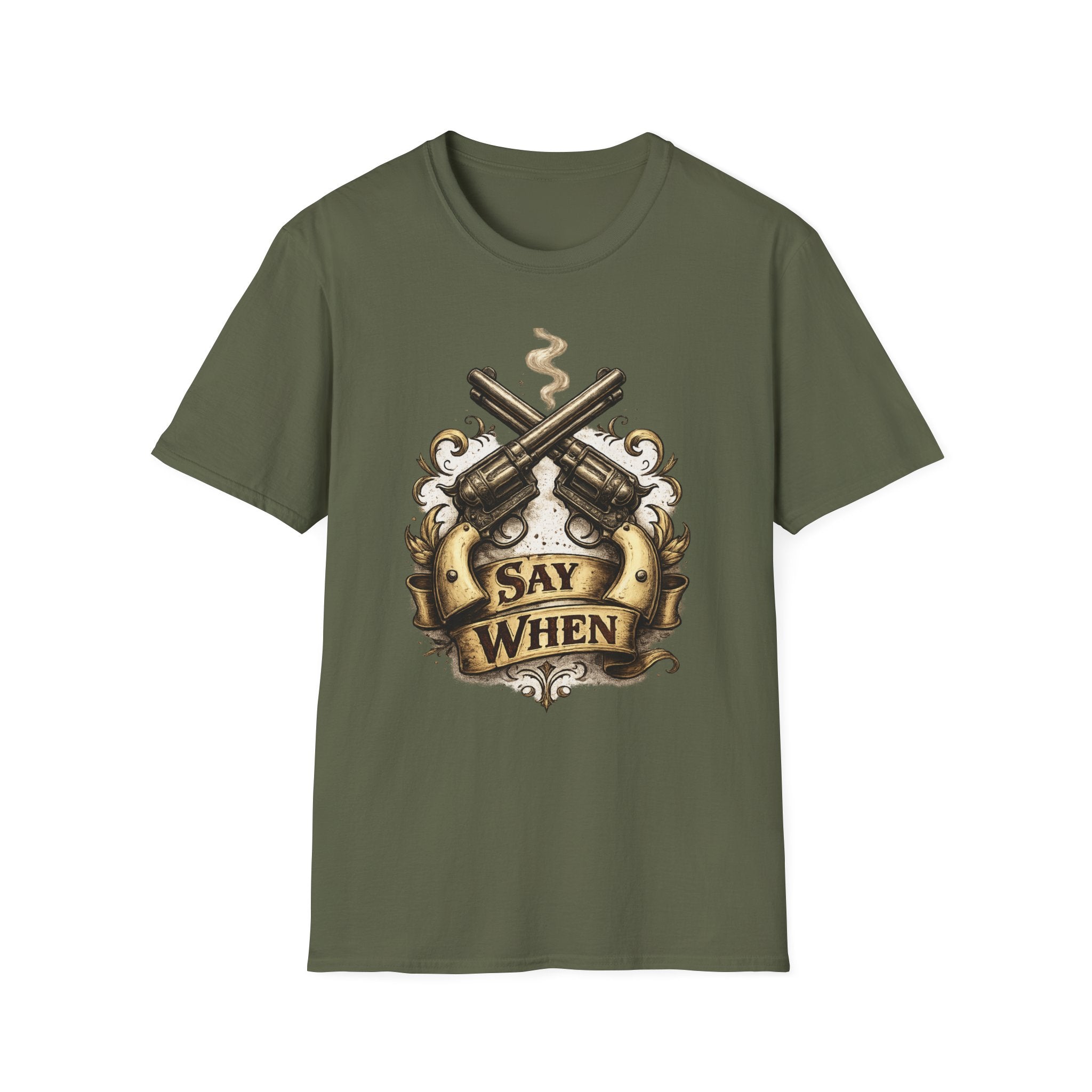 Western Revolver T‑Shirt — "Say When" Vintage Gun Graphic