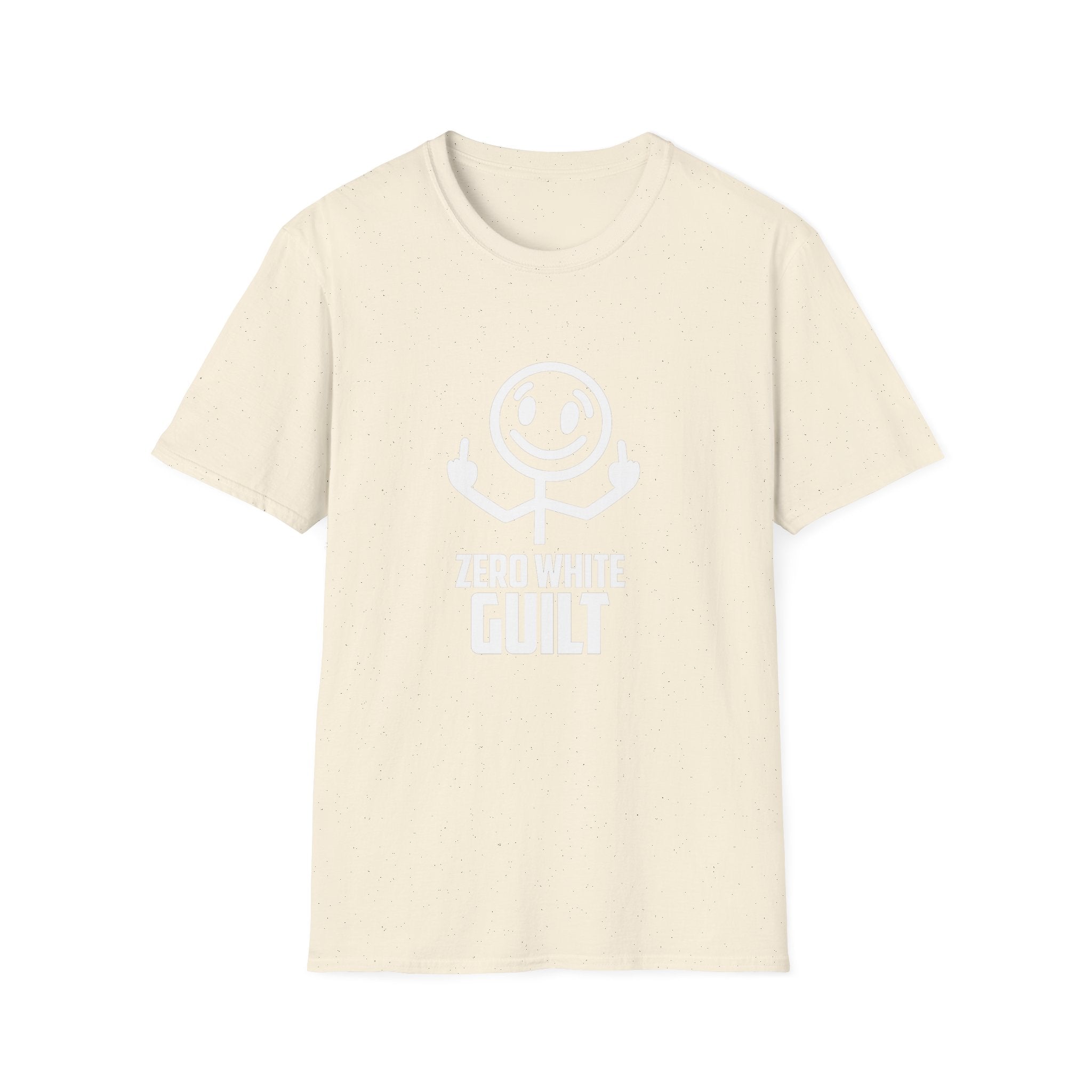 Zero White Guilt T-Shirt — Smiley Stick Figure Flipping Off Graphic Tee