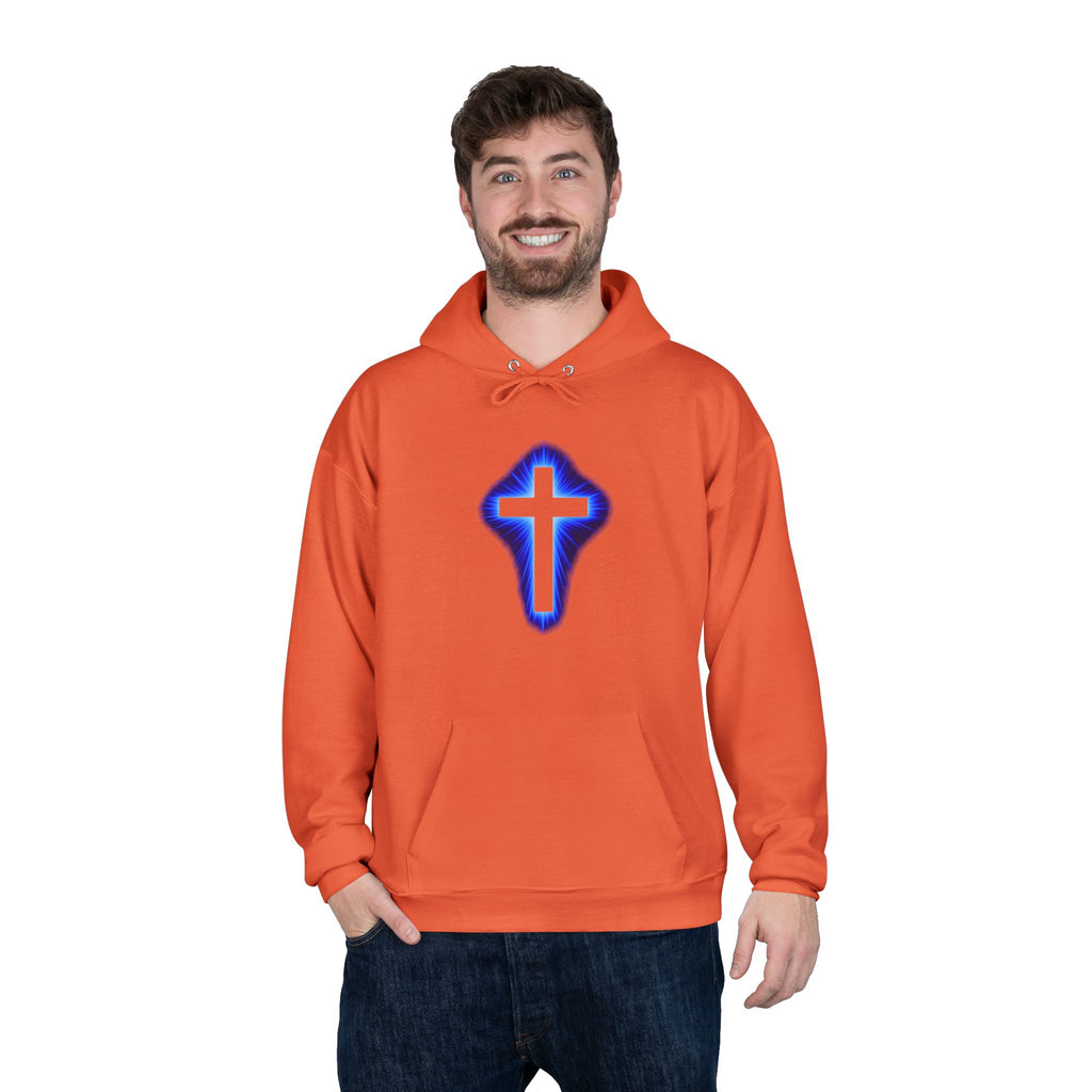 Christian Cross Hoodie — Blue Glow Front & Rustic Back Pullover