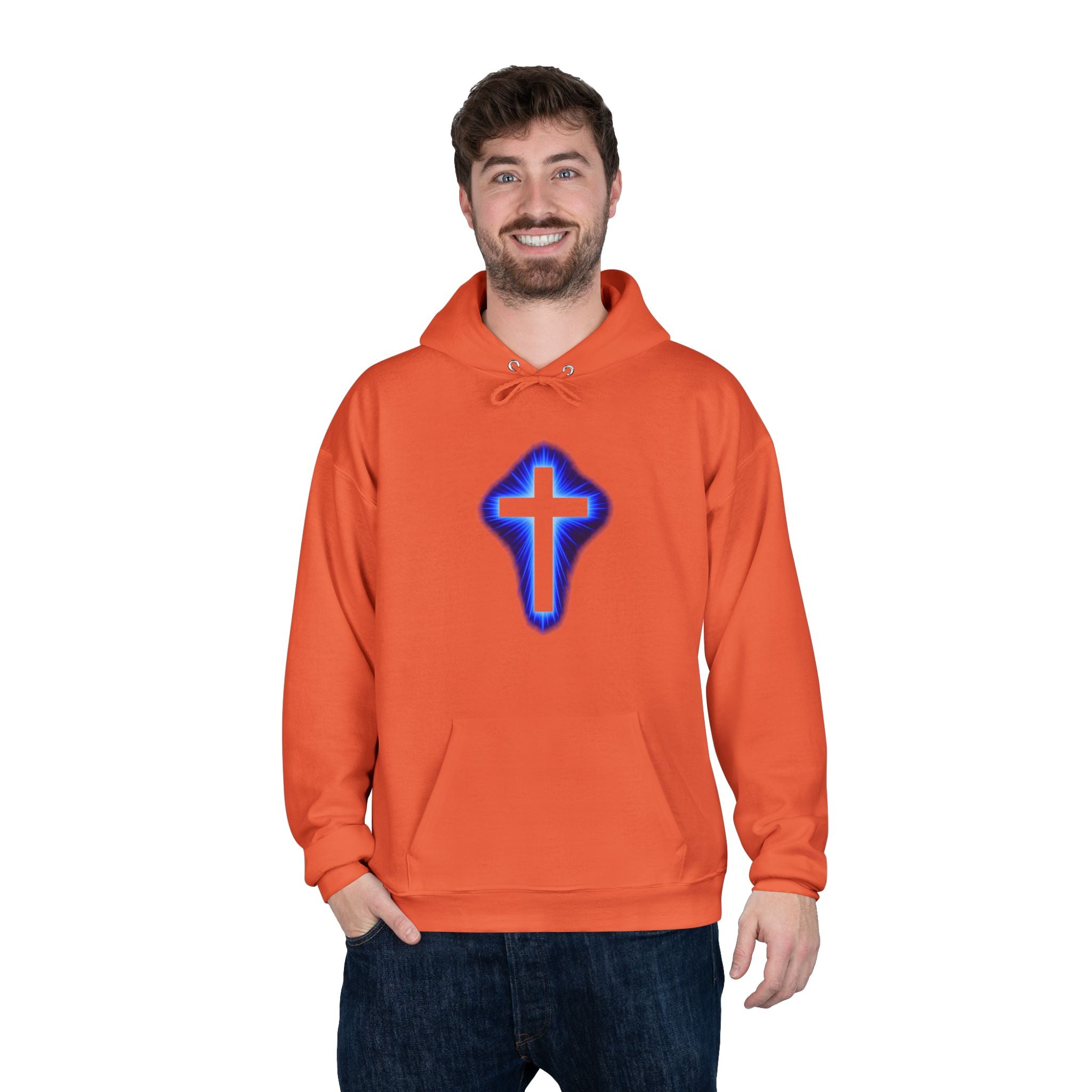 Christian Cross Hoodie — Blue Glow Front & Rustic Back Pullover