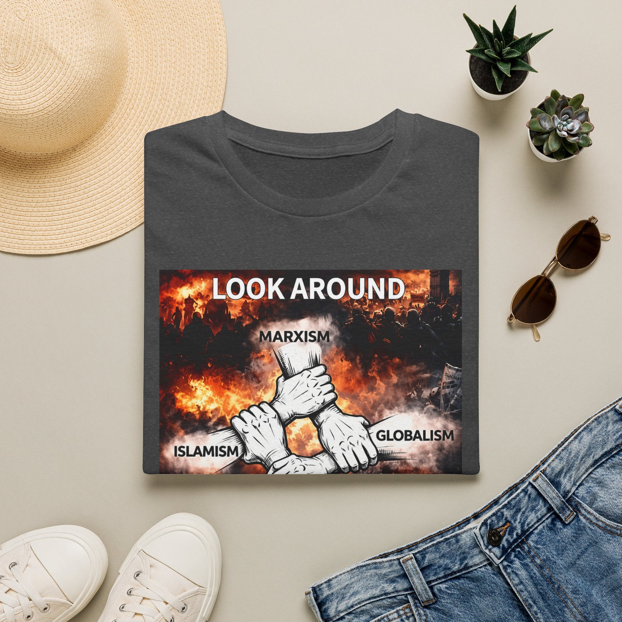 Political Graphic T-Shirt — "Look Around" Protest Design