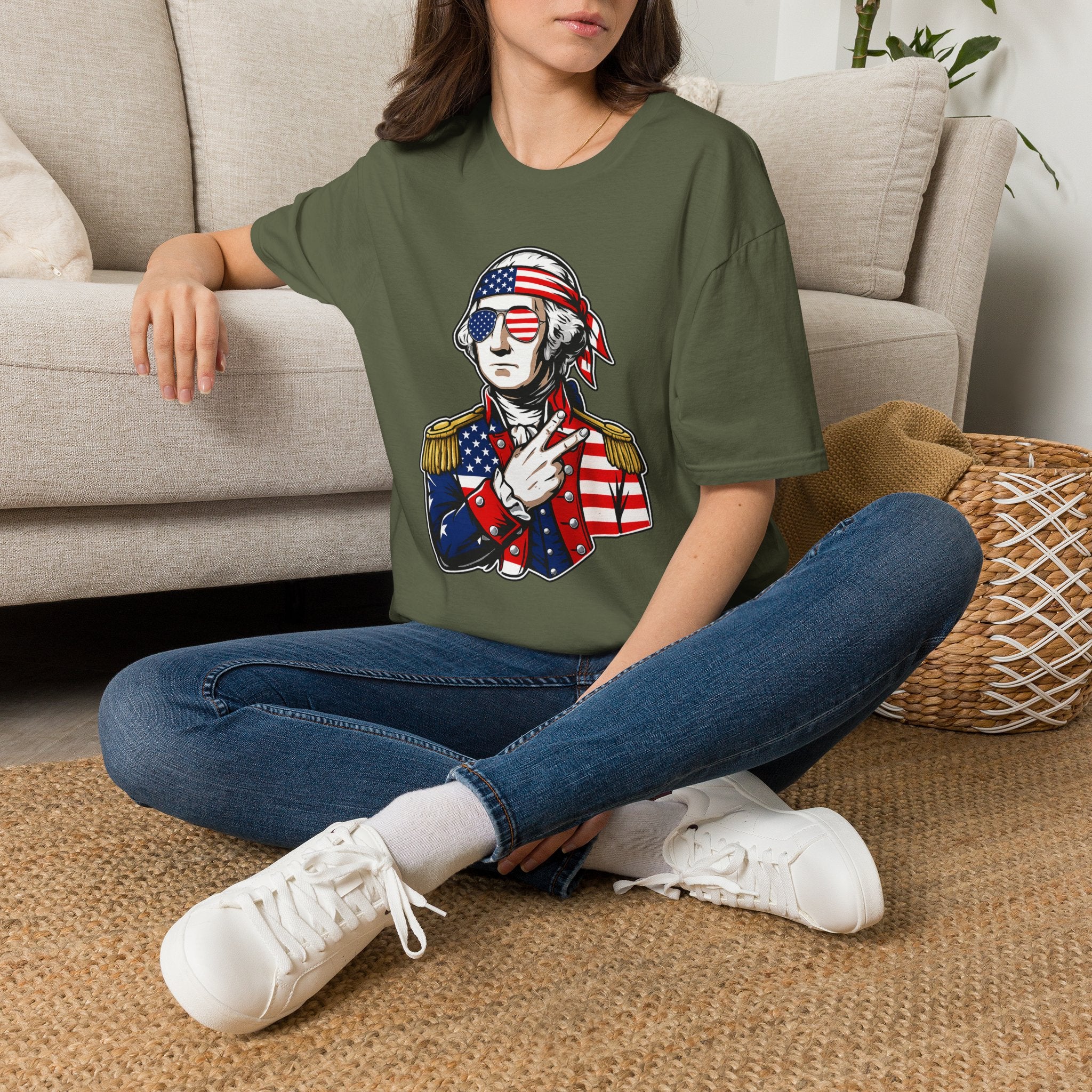 Patriotic George Washington T-Shirt – American Flag Bandana & Shades Tee