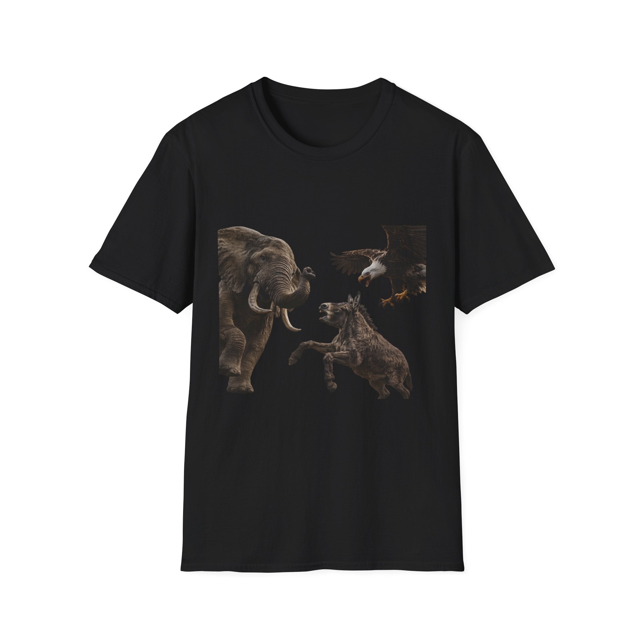 Wildlife Face-Off T-Shirt — Elephant, Eagle & Donkey Nature Scene