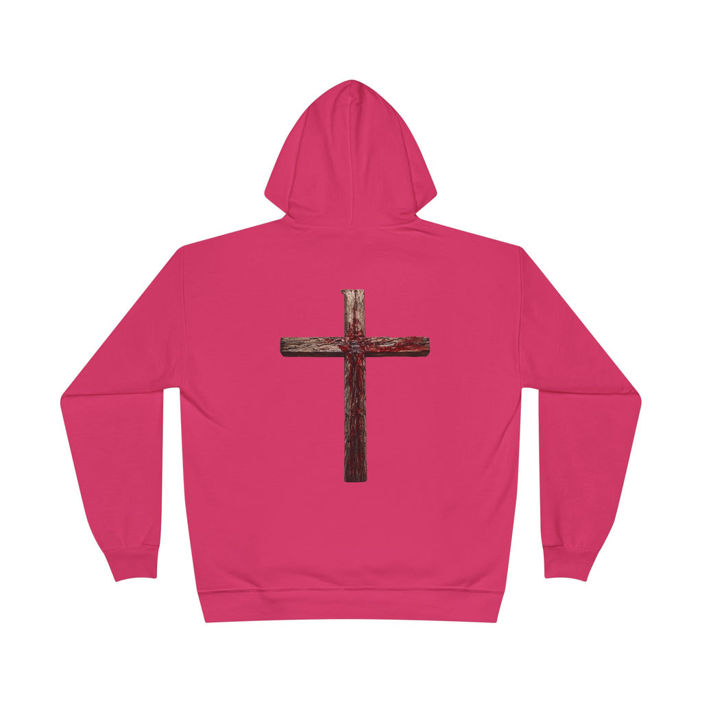 Christian Cross Hoodie — Blue Glow Front & Rustic Back Pullover