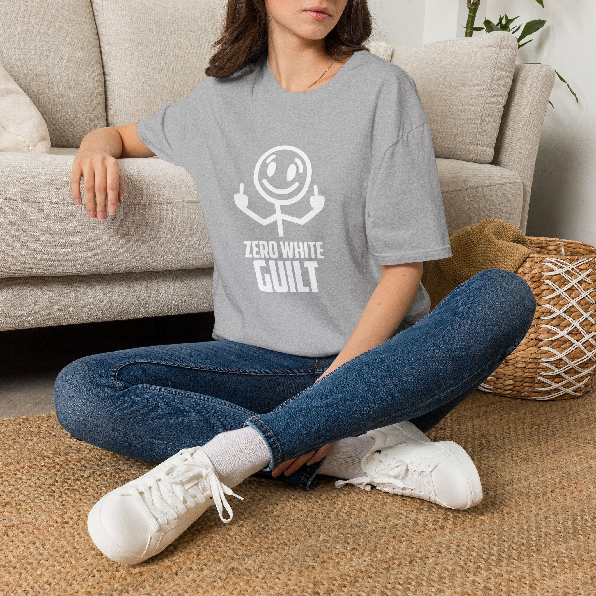 Zero White Guilt T-Shirt — Smiley Stick Figure Flipping Off Graphic Tee
