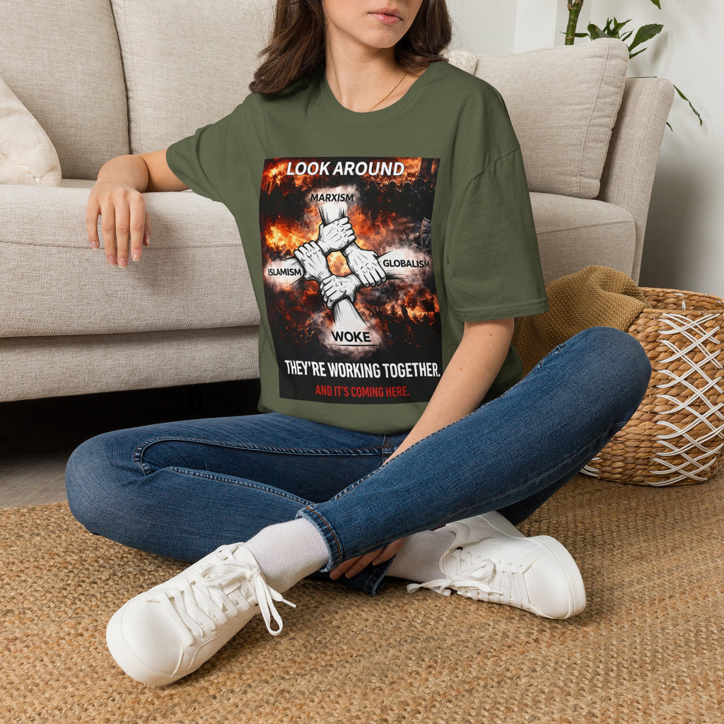 Political Graphic T-Shirt — "Look Around" Protest Design