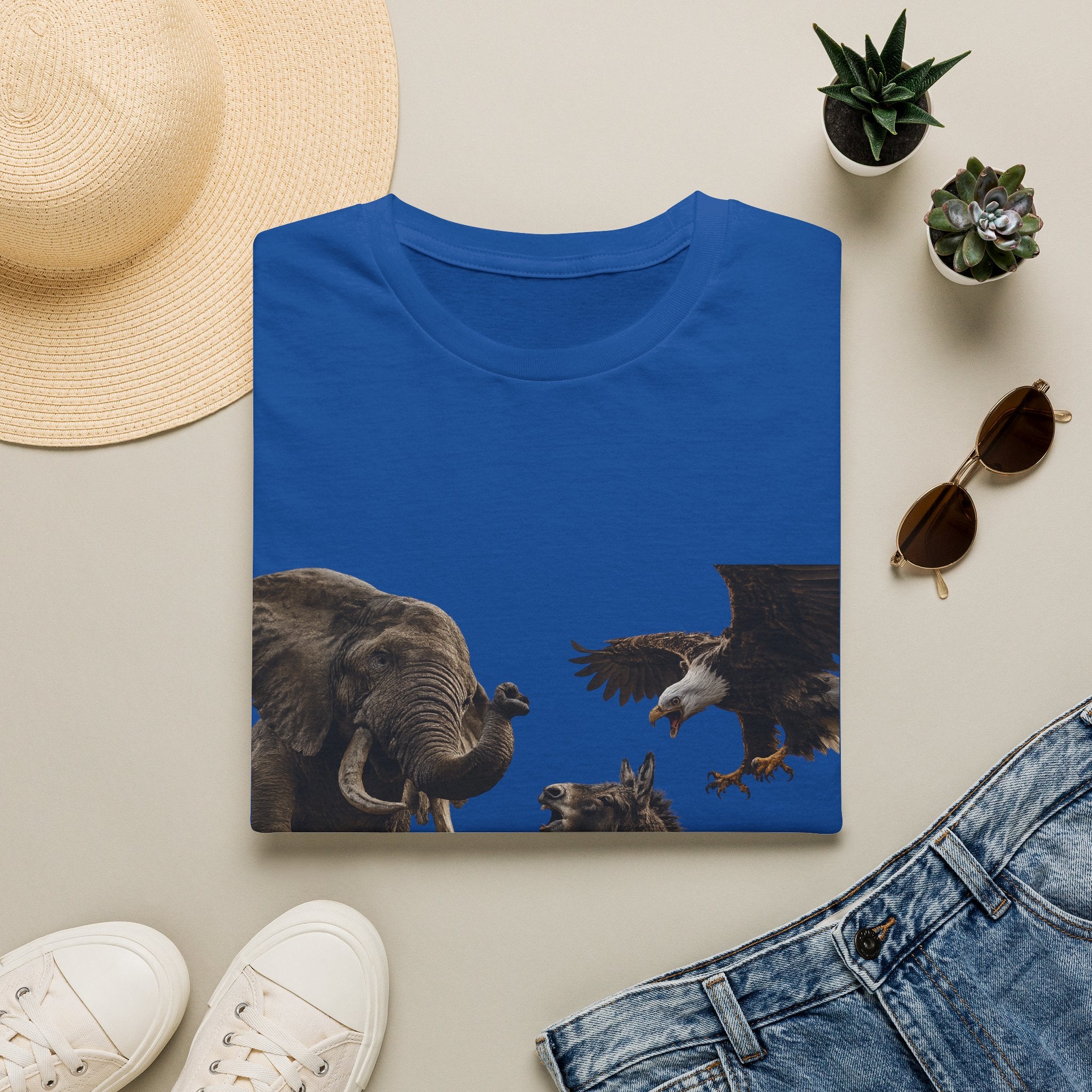 Wildlife Face-Off T-Shirt — Elephant, Eagle & Donkey Nature Scene