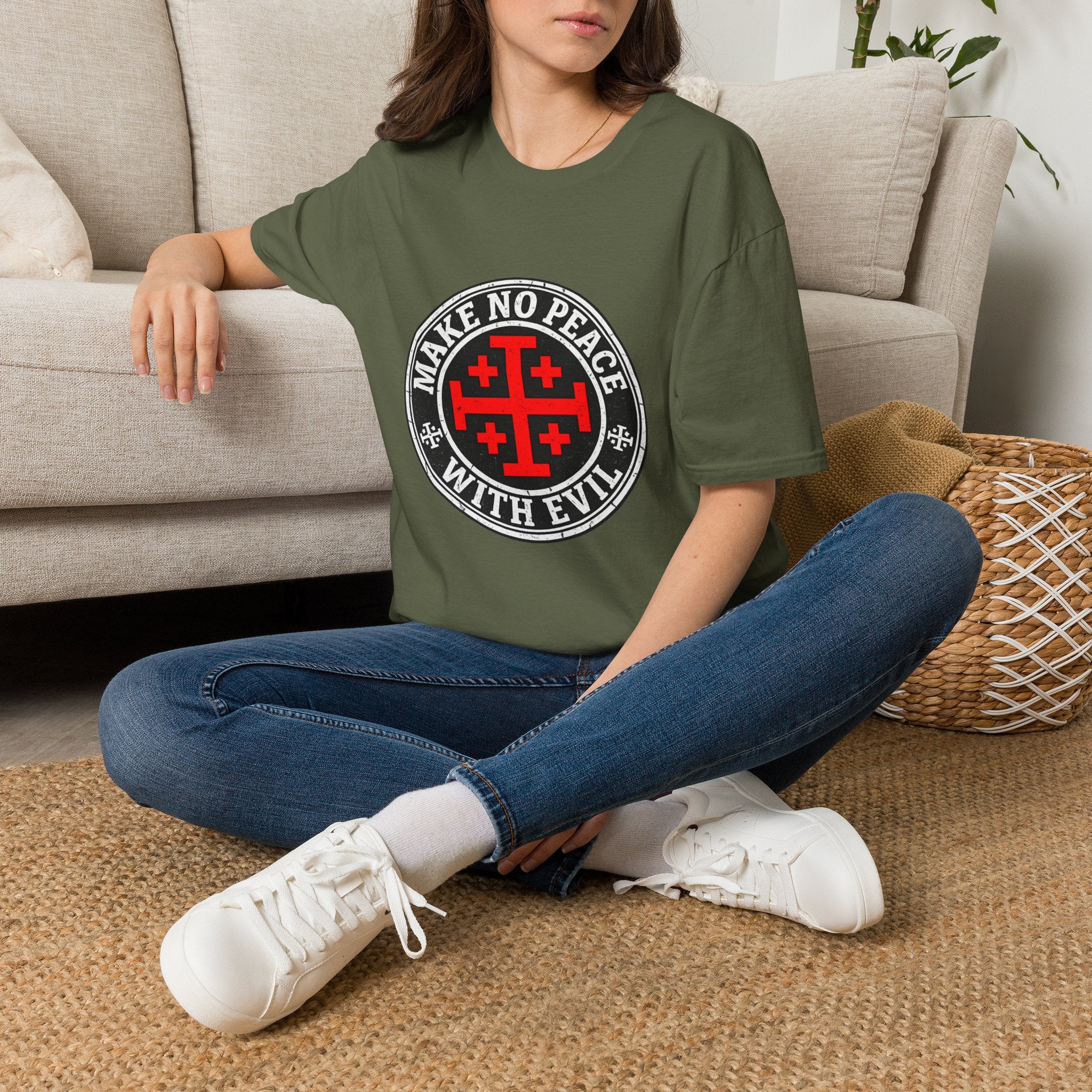 Make No Peace T-Shirt — Bold Crusader Emblem Tee ("Make No Peace With Evil")