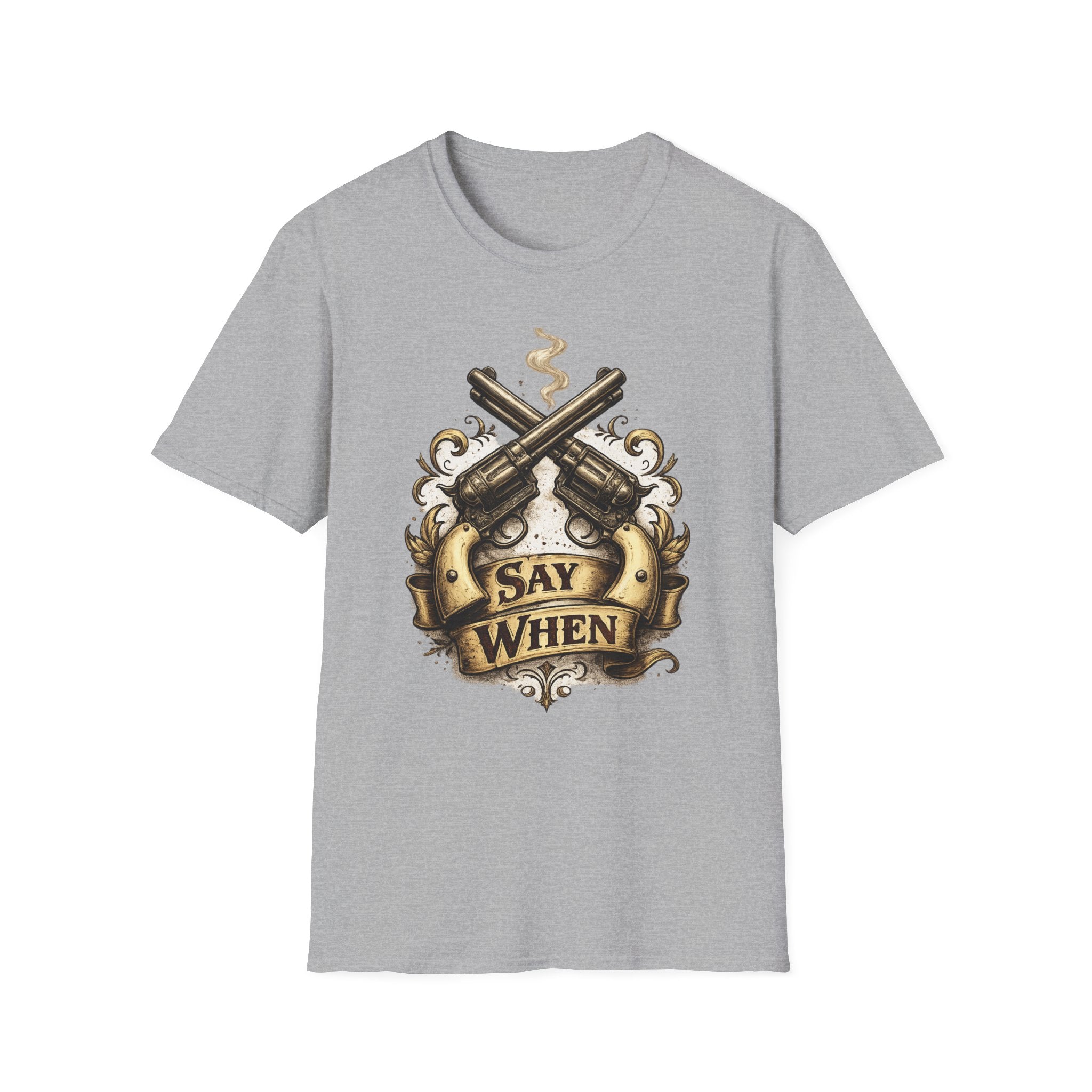 Western Revolver T‑Shirt — "Say When" Vintage Gun Graphic