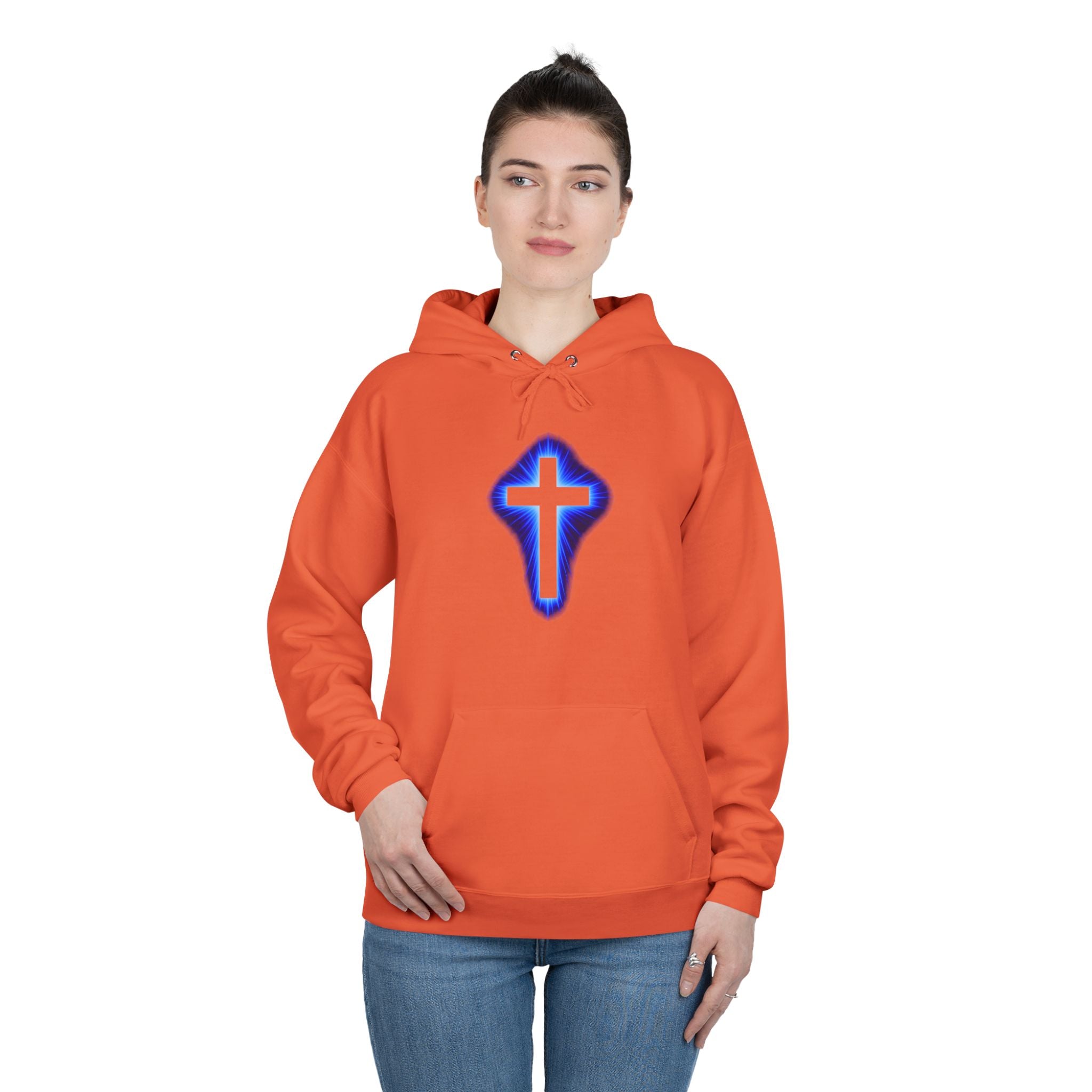Christian Cross Hoodie — Blue Glow Front & Rustic Back Pullover