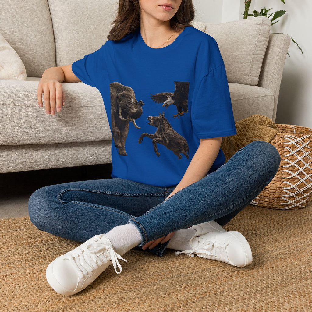 Wildlife Face-Off T-Shirt — Elephant, Eagle & Donkey Nature Scene