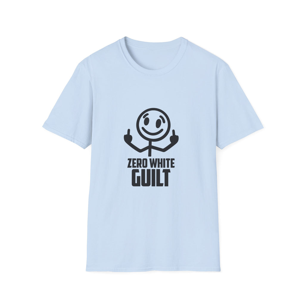Graphic T-Shirt — 'Zero White Guilt' Smiley Stick Figure Middle Finger