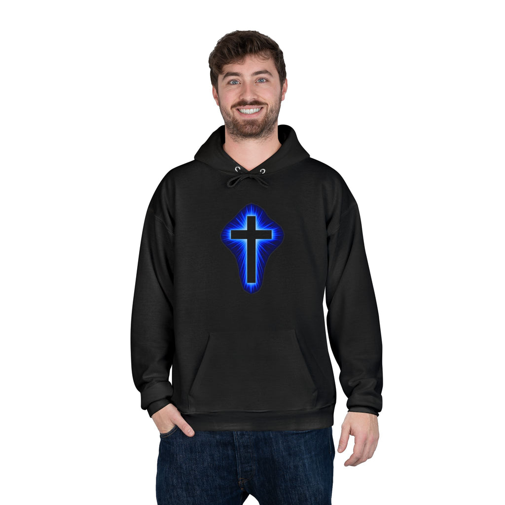 Christian Cross Hoodie — Blue Glow Front & Rustic Back Pullover
