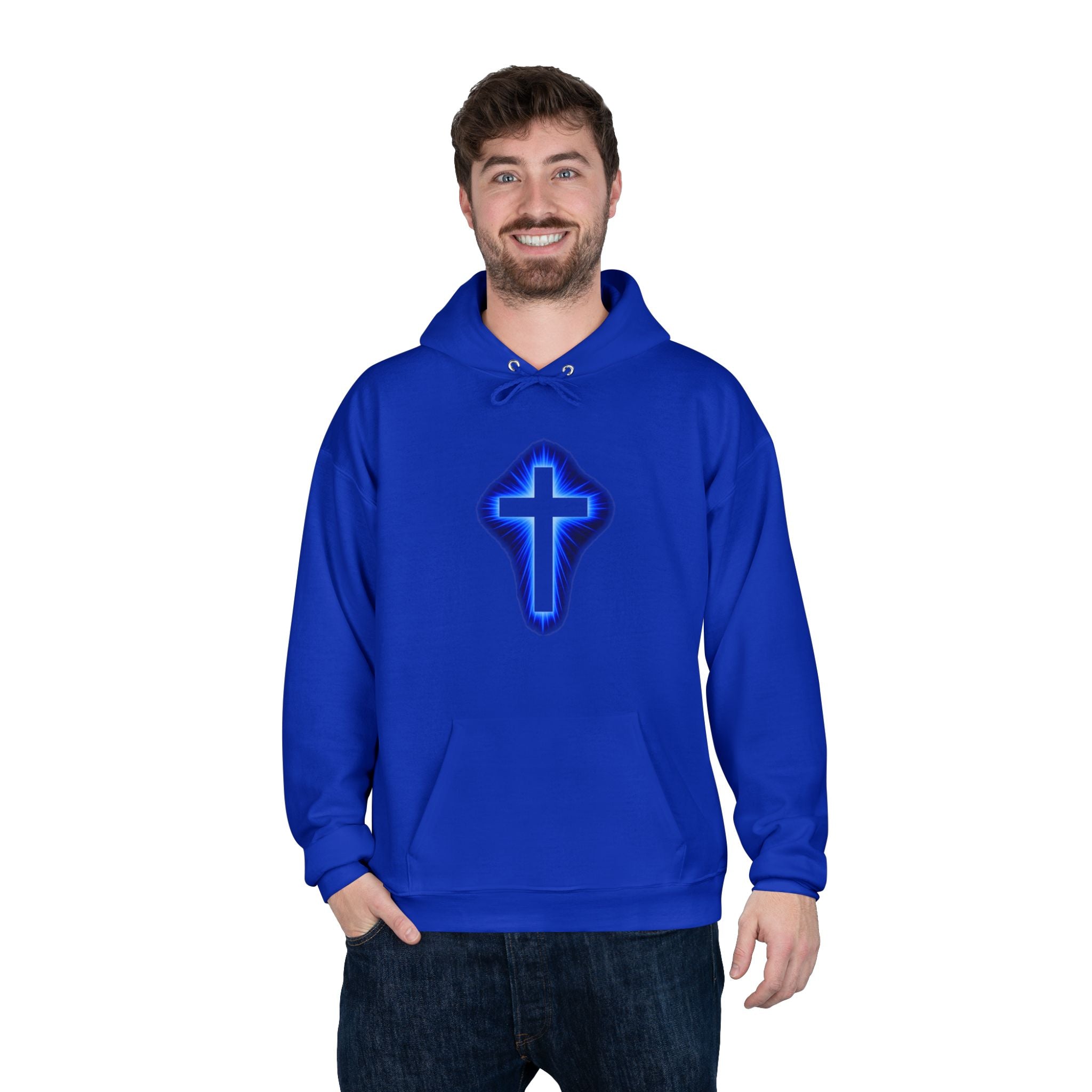 Christian Cross Hoodie — Blue Glow Front & Rustic Back Pullover