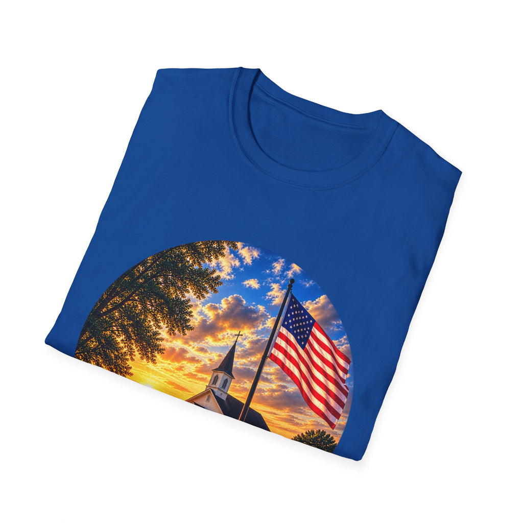 Patriotic Church Sunset T-Shirt — American Flag Chapel Scene