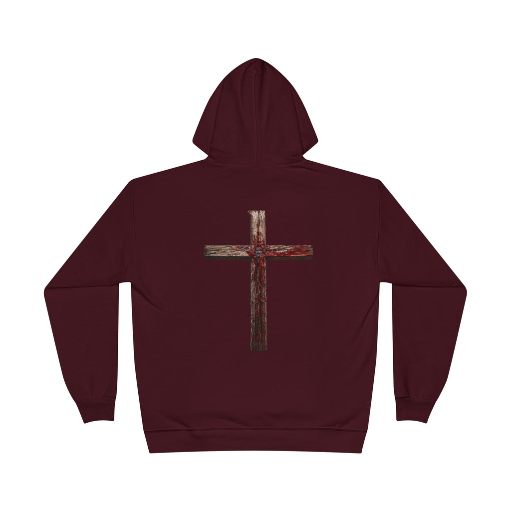Christian Cross Hoodie — Blue Glow Front & Rustic Back Pullover