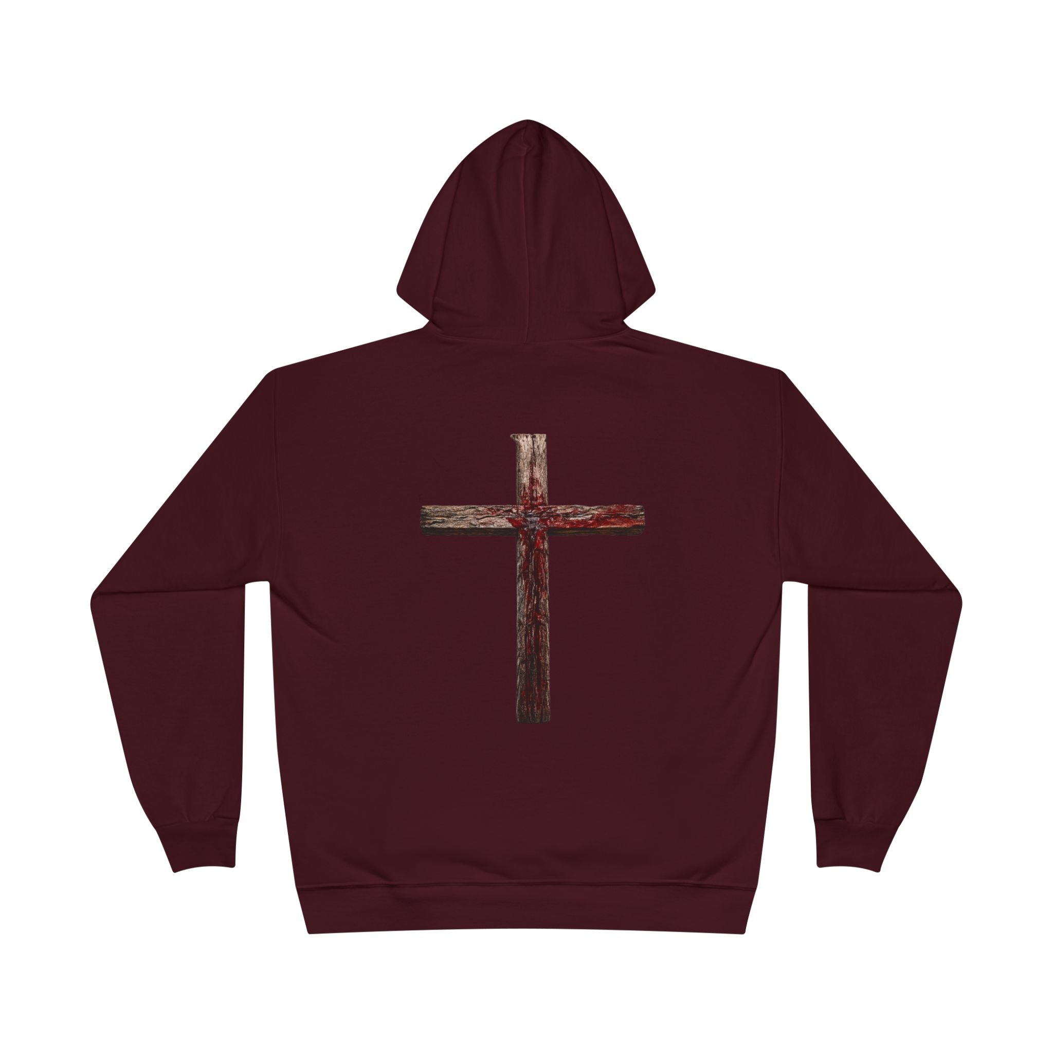 Christian Cross Hoodie — Blue Glow Front & Rustic Back Pullover