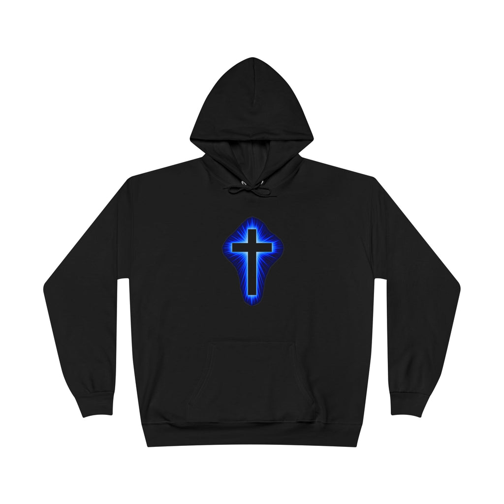 Christian Cross Hoodie — Blue Glow Front & Rustic Back Pullover