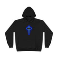 Christian Cross Hoodie — Blue Glow Front & Rustic Back Pullover