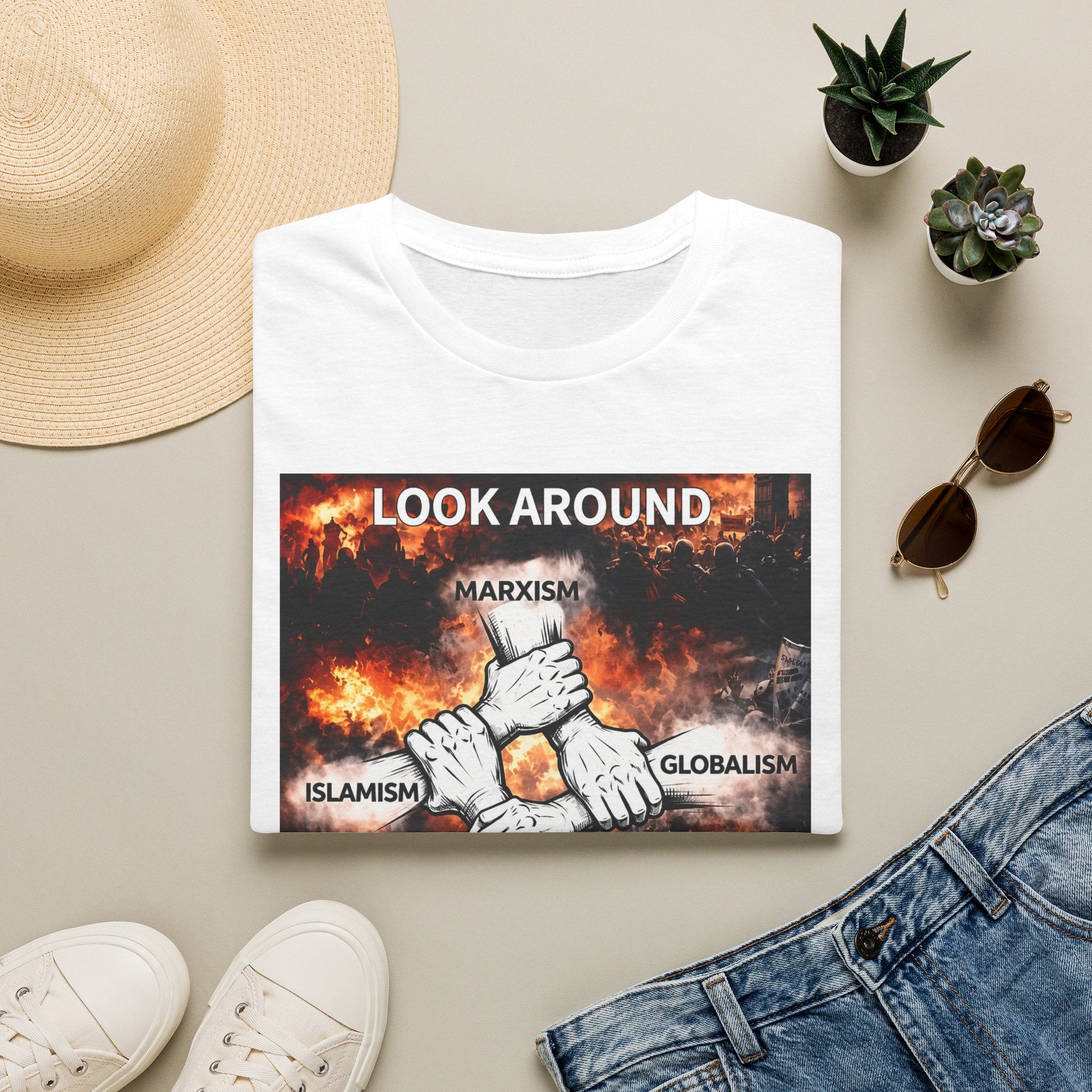 Political Graphic T-Shirt — "Look Around" Protest Design