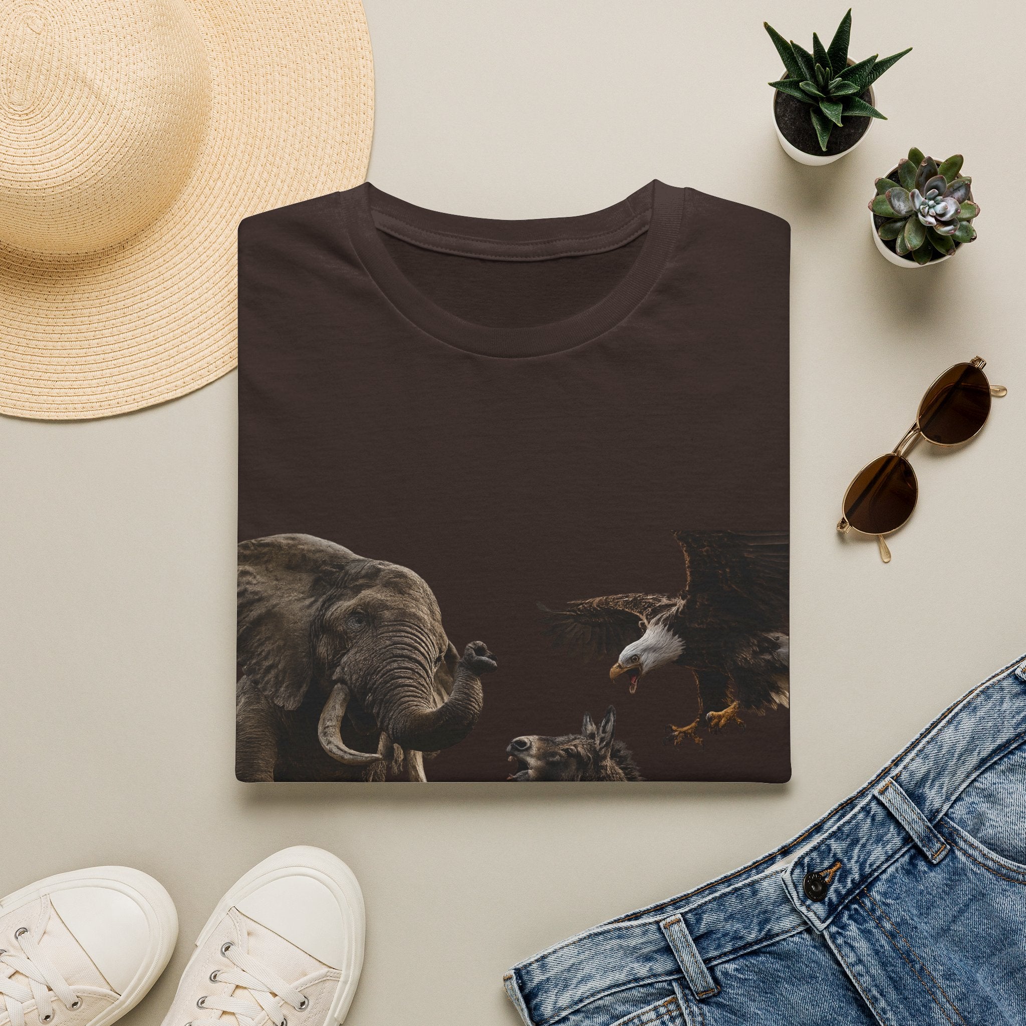 Wildlife Face-Off T-Shirt — Elephant, Eagle & Donkey Nature Scene
