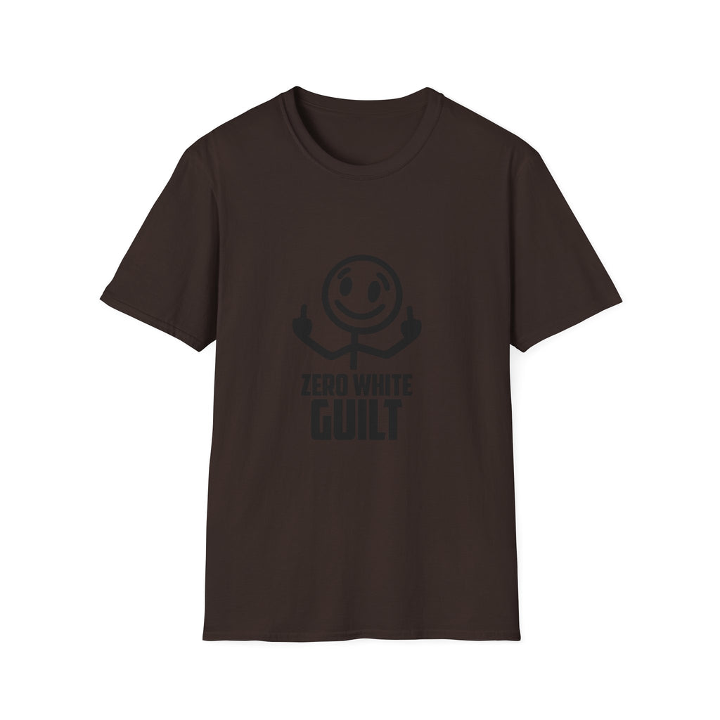 Graphic T-Shirt — 'Zero White Guilt' Smiley Stick Figure Middle Finger