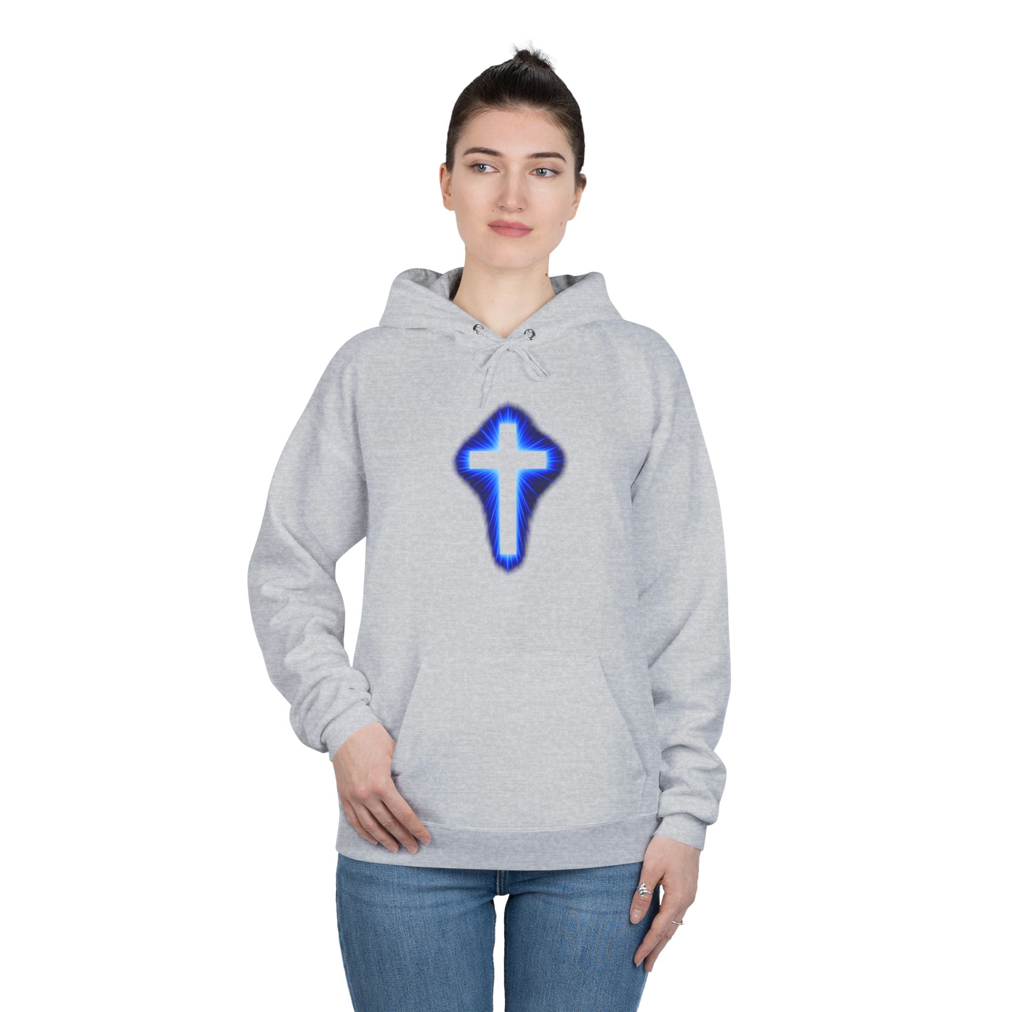 Christian Cross Hoodie — Blue Glow Front & Rustic Back Pullover