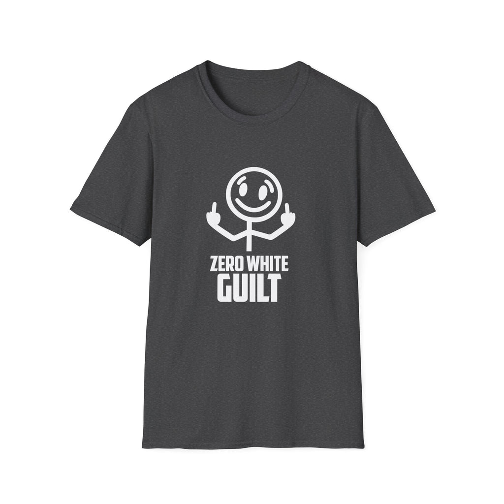 Zero White Guilt T-Shirt — Smiley Stick Figure Flipping Off Graphic Tee