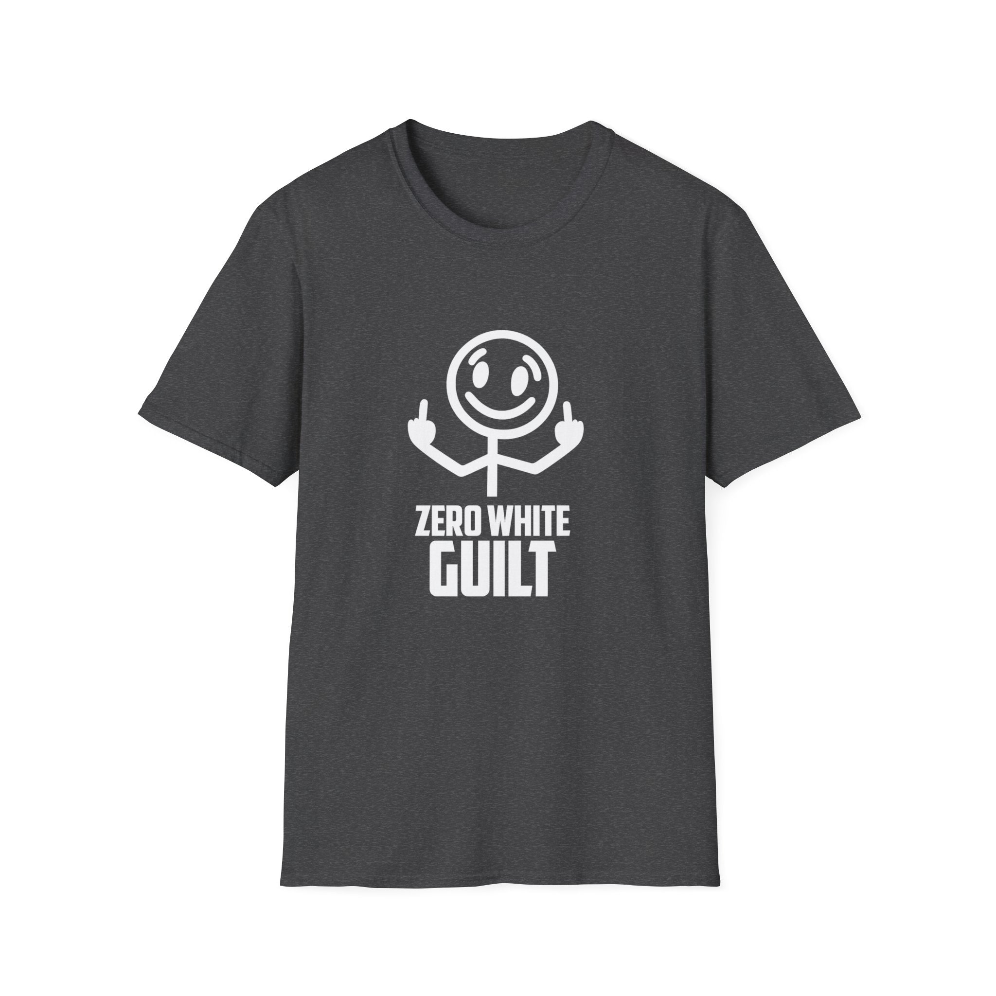 Zero White Guilt T-Shirt — Smiley Stick Figure Flipping Off Graphic Tee