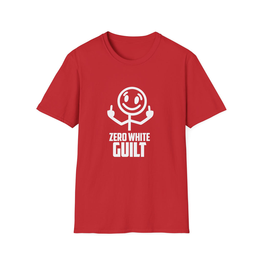 Zero White Guilt T-Shirt — Smiley Stick Figure Flipping Off Graphic Tee
