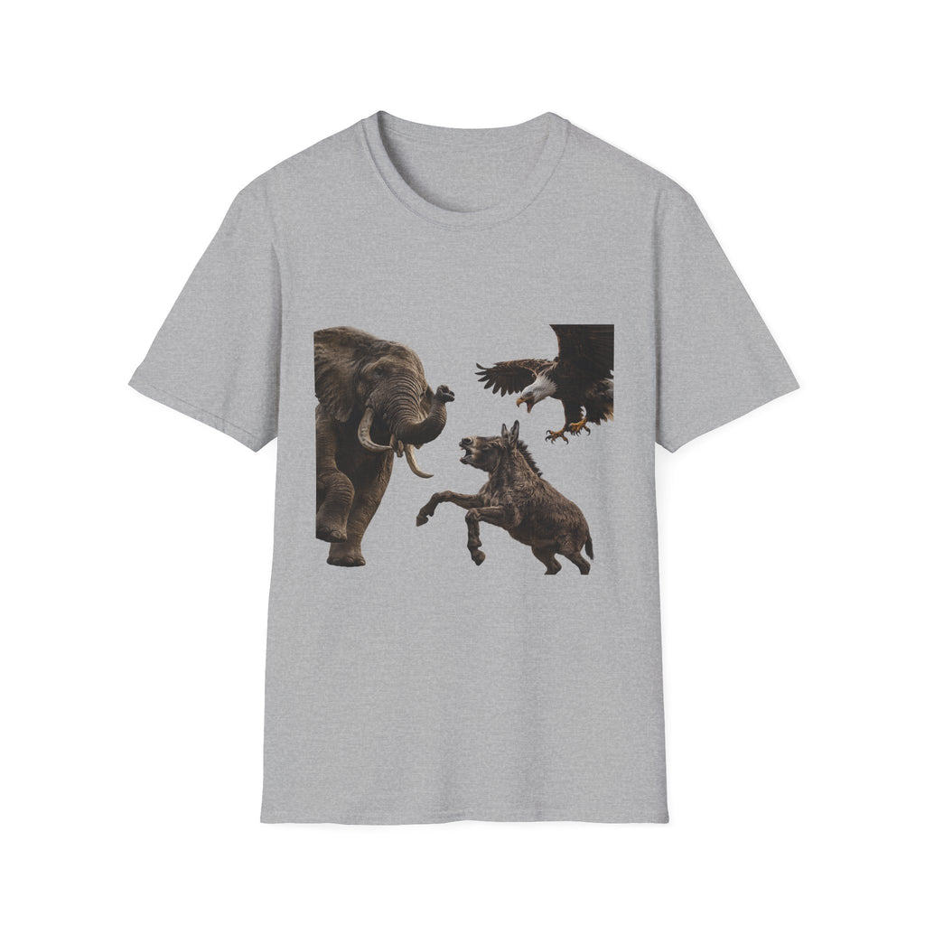 Wildlife Face-Off T-Shirt — Elephant, Eagle & Donkey Nature Scene