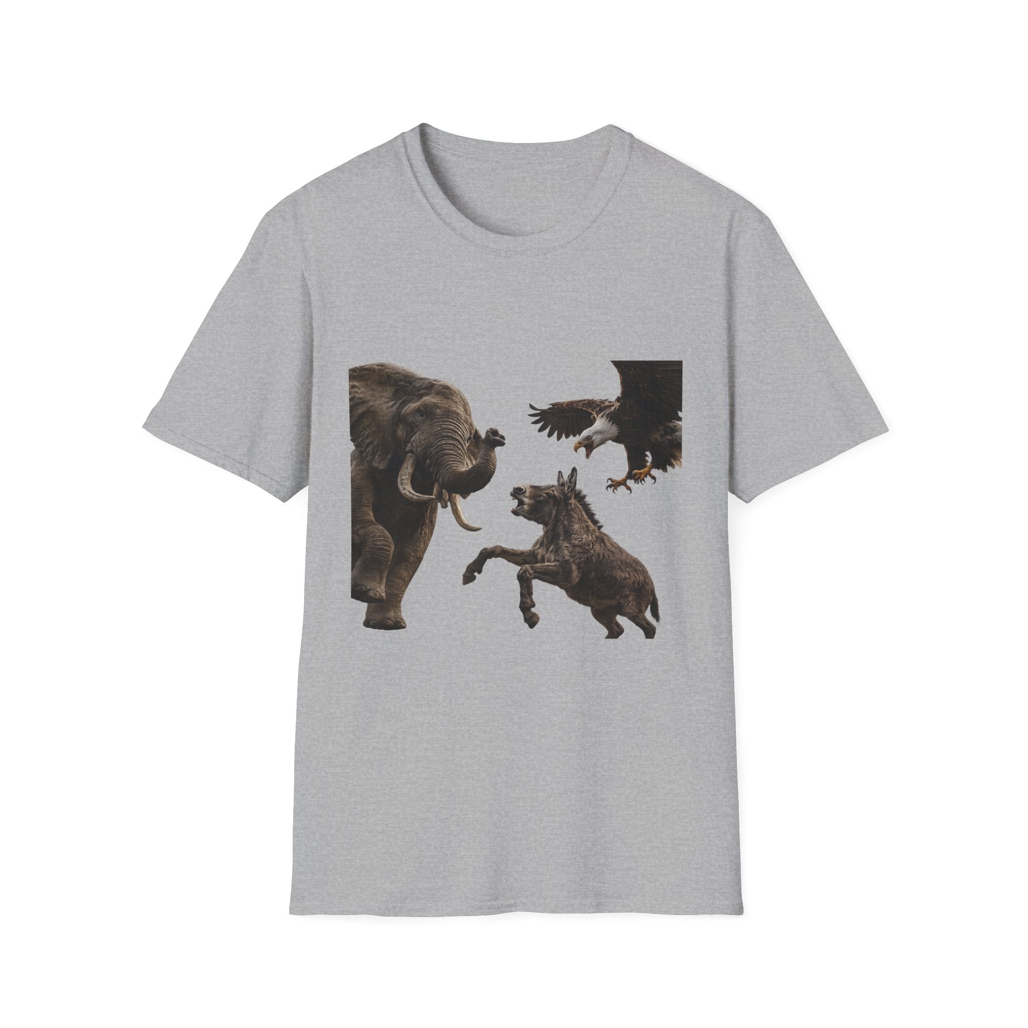 Wildlife Face-Off T-Shirt — Elephant, Eagle & Donkey Nature Scene