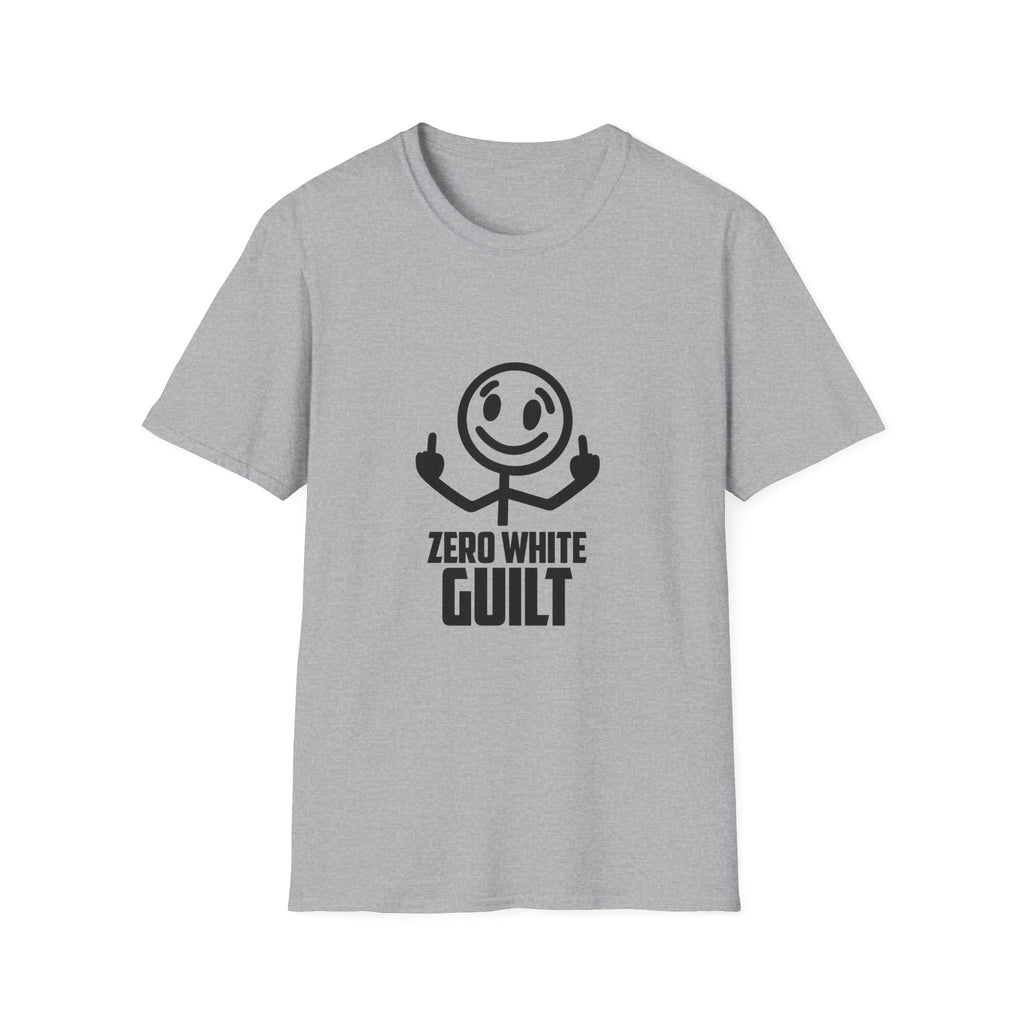 Graphic T-Shirt — 'Zero White Guilt' Smiley Stick Figure Middle Finger