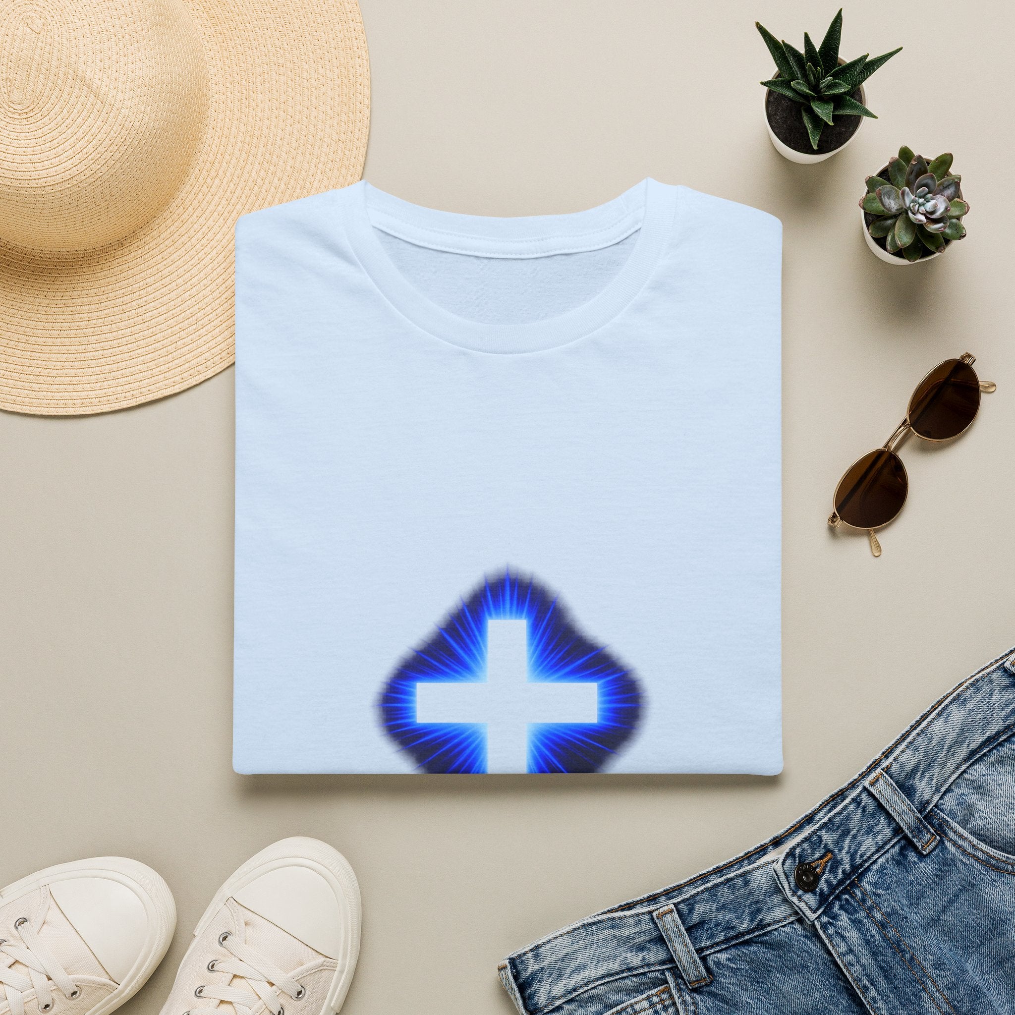 Blue Glowing Cross T‑Shirt — Christian Faith Graphic Tee