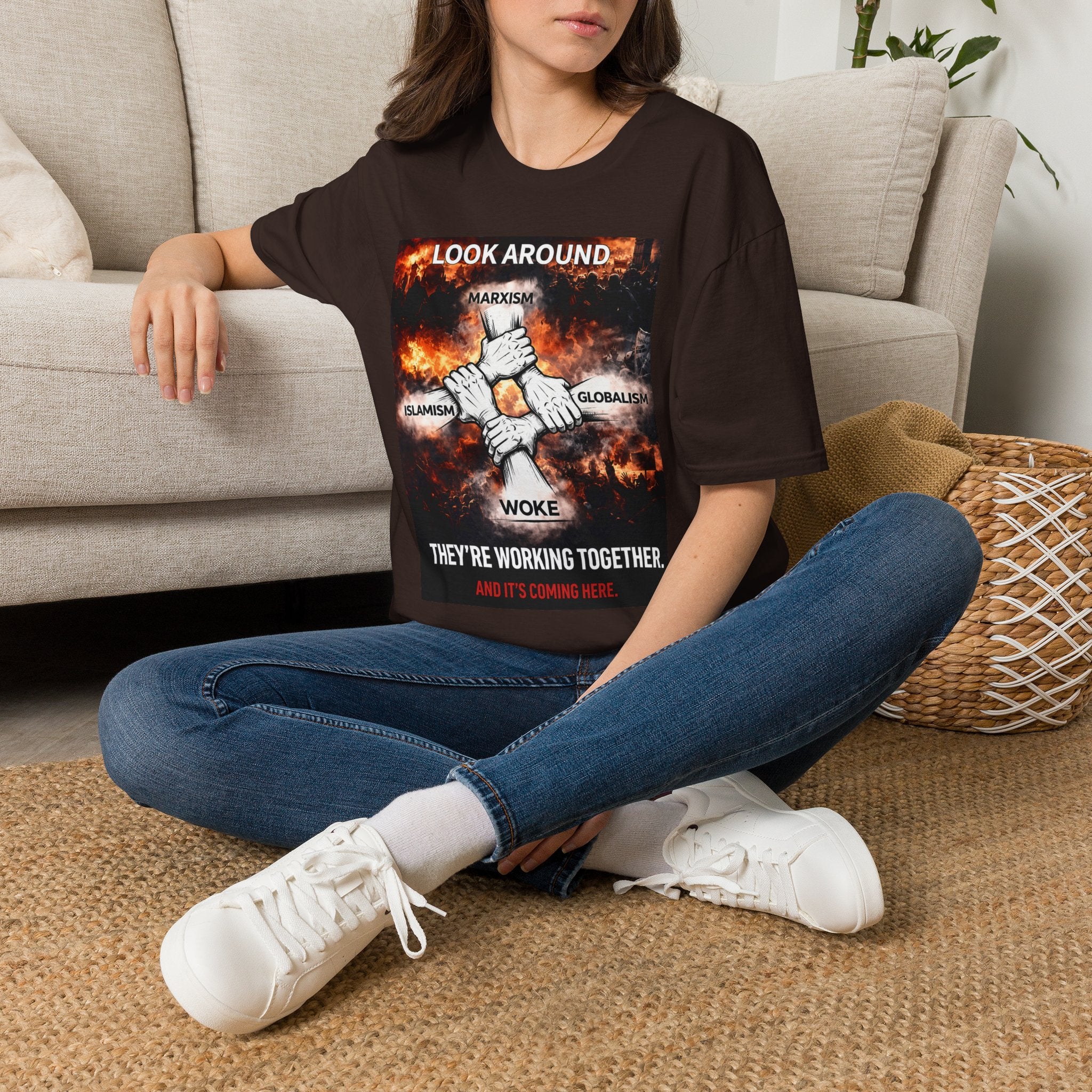 Political Graphic T-Shirt — "Look Around" Protest Design