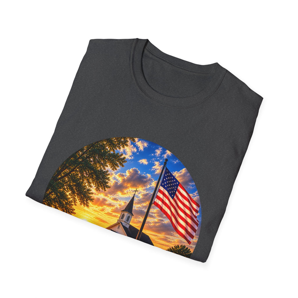 Patriotic Church Sunset T-Shirt — American Flag Chapel Scene