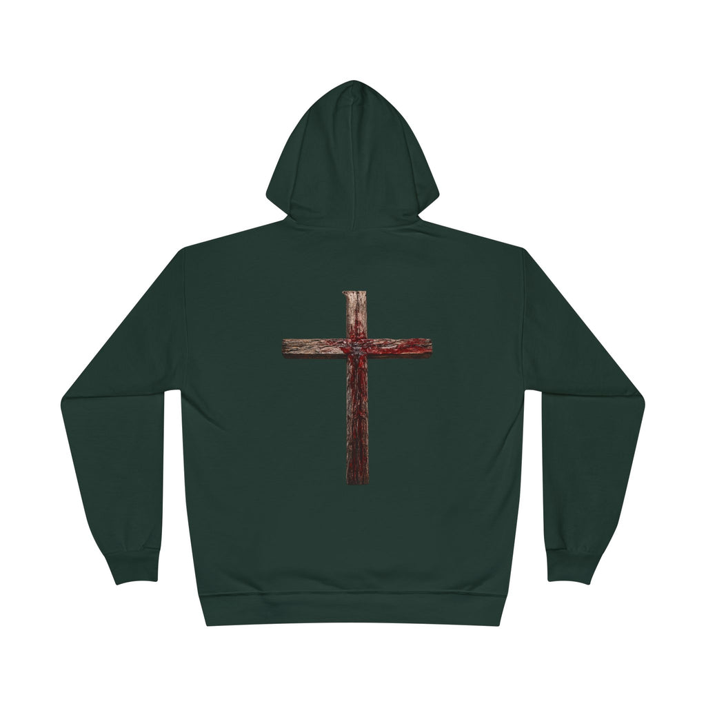 Christian Cross Hoodie — Blue Glow Front & Rustic Back Pullover